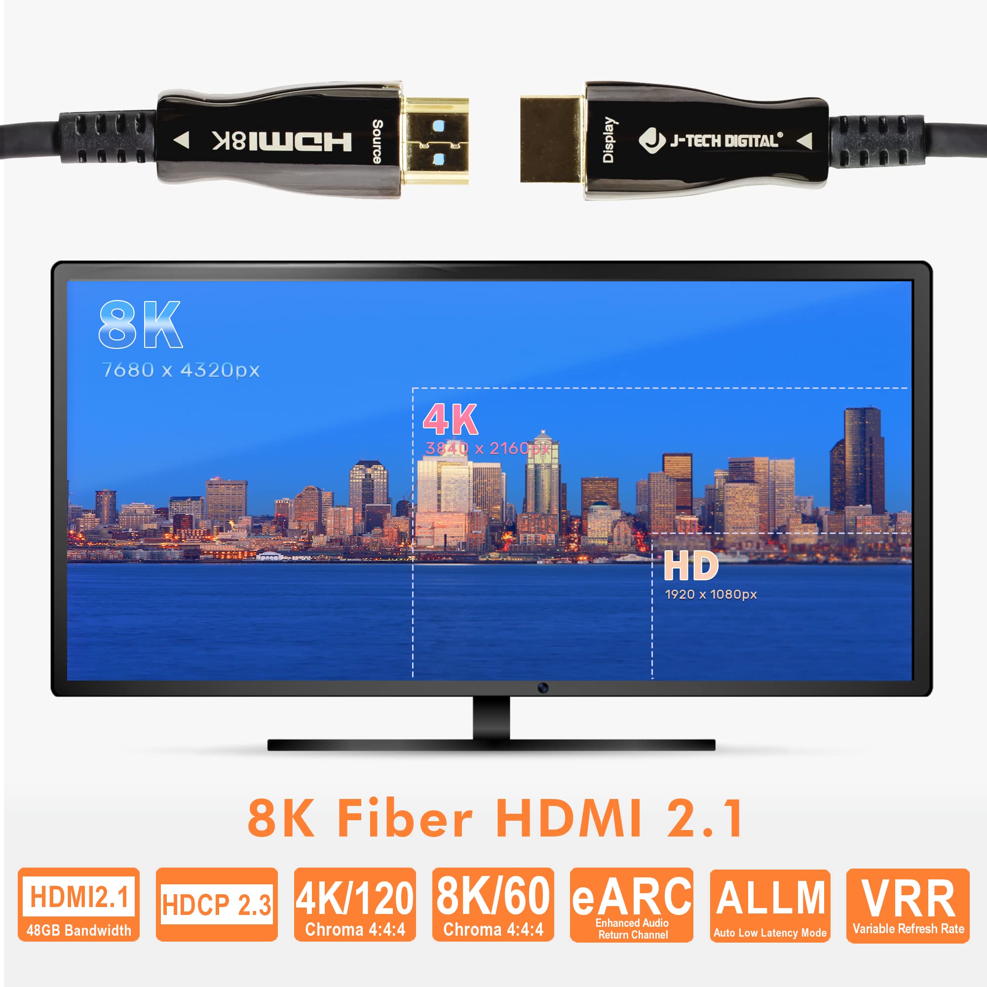 J-Tech Digital Cavo HDMI 8K 100ft (30m) fibra ottica HDMI 2.1, HDCP 2.3 | 8K 60Hz, 4K 120Hz, 4K 144Hz | HDR10, ARC, eARC | 48Gbps ultra alta velocità [JTECH-FCAB8K100]