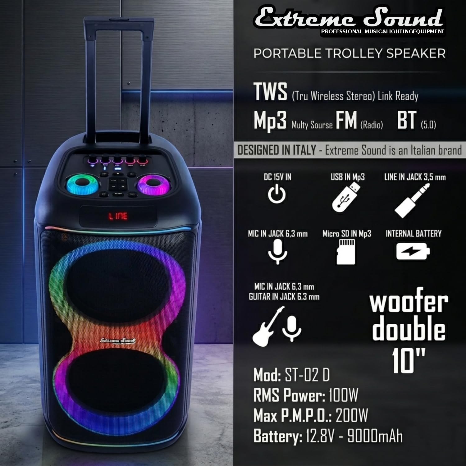 Extreme Sound Cassa audio Trolley doppio Woofer 10" pollici con Microfoni Wireless, Bluetooth, Batteria Ricaricabile Alta Potenza - AMPLIFICATA - Cassa per Eventi - Karaoke e artisti di strada
