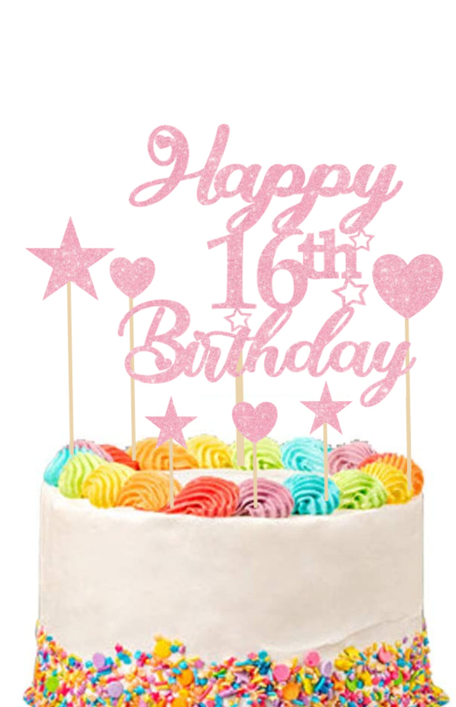 Mobile StuffHappy 16th Birthday Cake Topper Set, 16th Birthday Cake Topper with Heart Star Cupcake Cake Topper Picks Glitter Cake Decoration for Birthday Party Cake Supplies - 9pcs (Hot Pink)