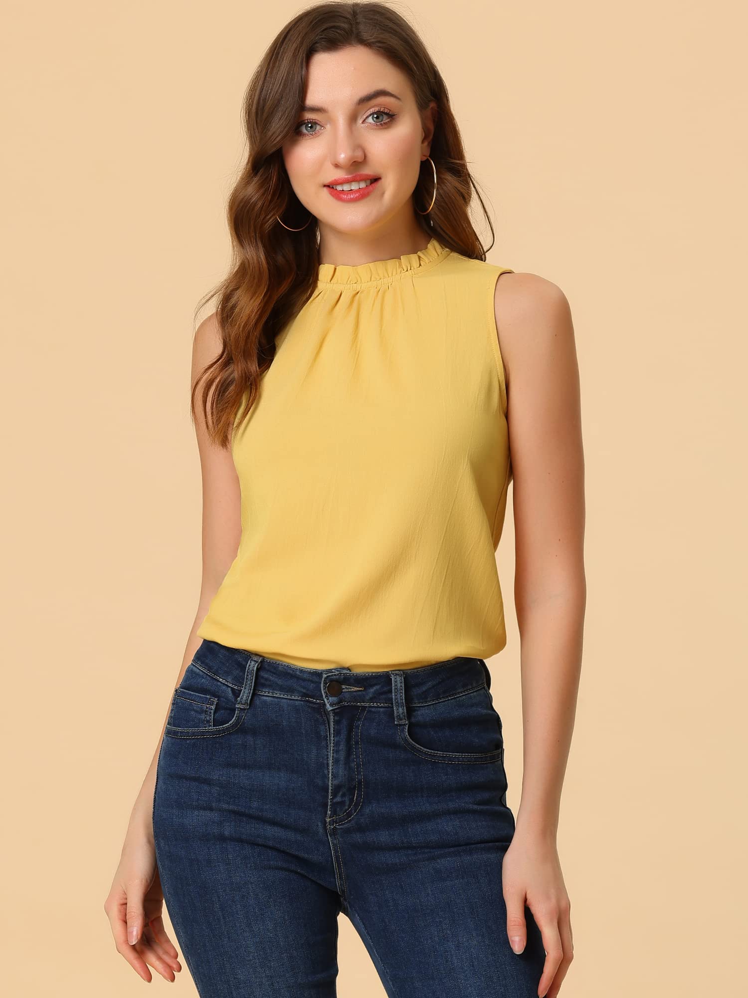 Allegra K Damen Jeansbluse mit Rüschen Stehkragen Ärmellos