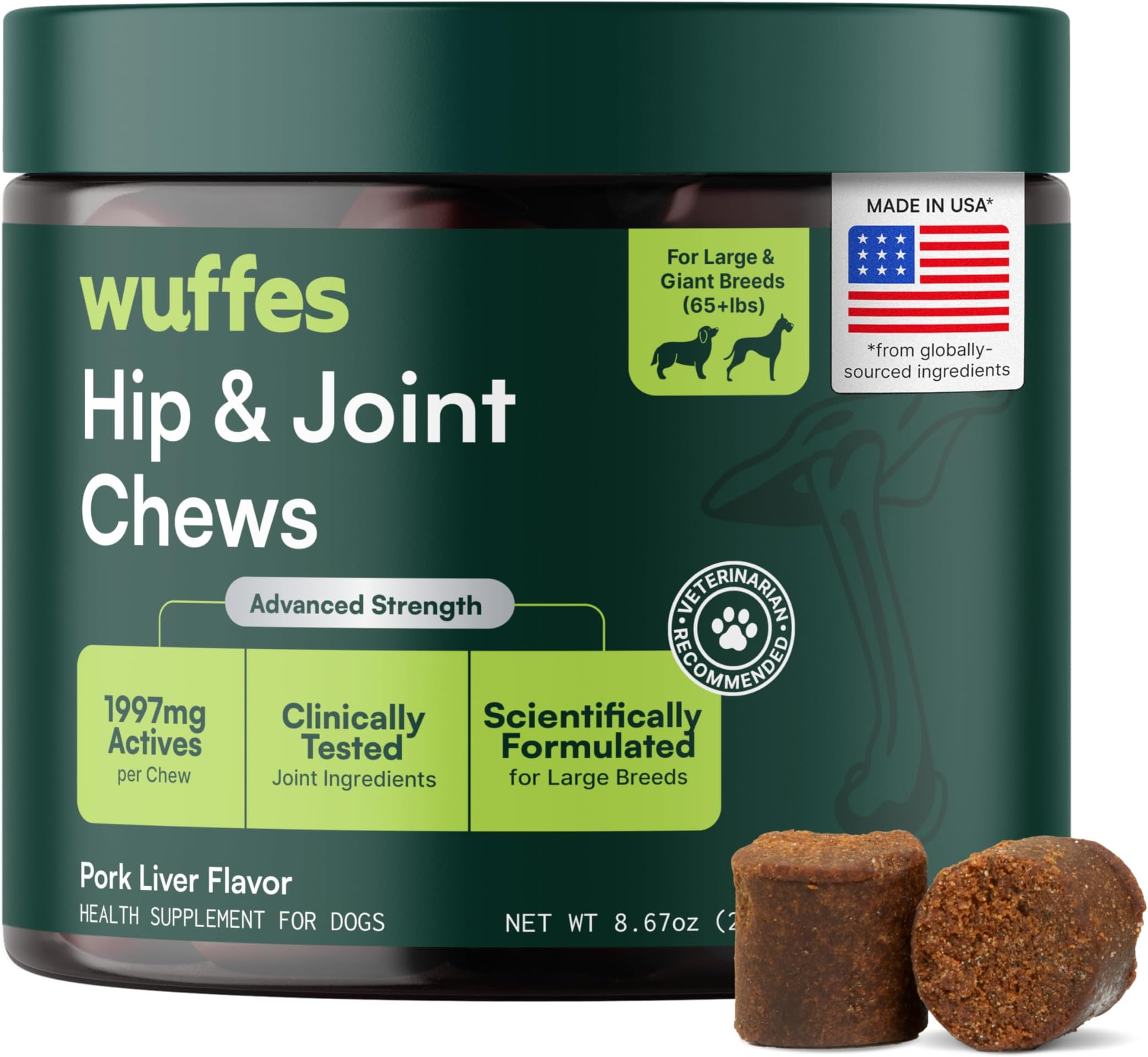 Wuffes Advanced Dog Hip and Joint Supplement with Glucosamine, Chondroitin, Omega 3, MSM, and Green Lipped Mussel, 30 Pork Flavored Chews for Large Dog Breeds