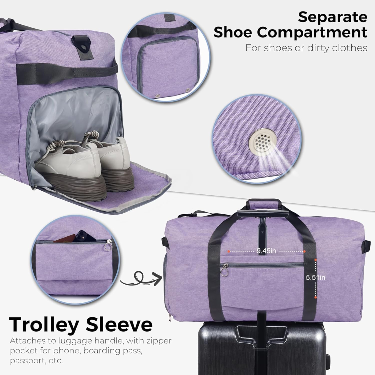 Fmeida 65L Duffle Bag with Shoes Compartment, Foldable Travel Duffel Bags for Men Women, Large Packable Travel Bag Water Repellent & Tear Resistant (Purple) - Image 5