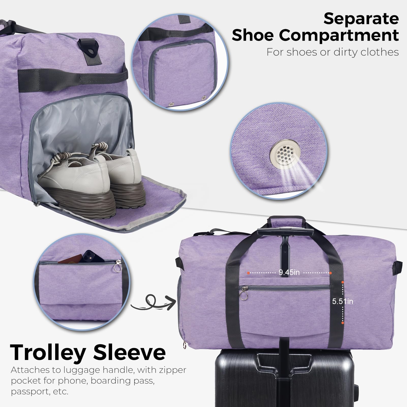 Fmeida Borsone da Viaggio 65L Pieghevole Borsone Palestra Grande Capacità Borsa Sportiva Impermeabile Borse da Viaggio Uomo Donna per Viaggi Campeggio Vacanza, Viola