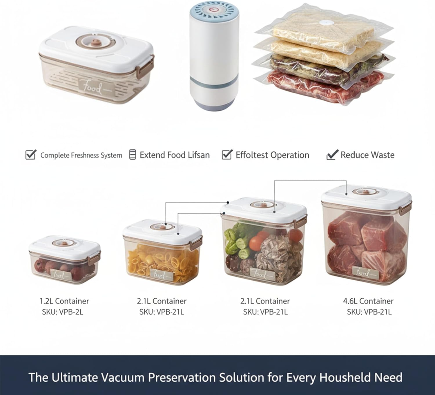 Vacuum Container,Vacuum Seal Containers,4pcs Airtight Food Storage Containers with Lids,4pcs Food Vacuum Bags/ 1pc Automatic Pump, Marinade and Keep Food Fresh with Time Dial, BPA Free(Square)