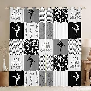 Gymnastics Curtains Black Grey White Window Curtain for Kids Teens Boys Gymnast Room Decor Geometric Patchwork Plaid Window Treatment Curtain Modern Sports Window Drapes,Top 2 Panel,52Wx90L