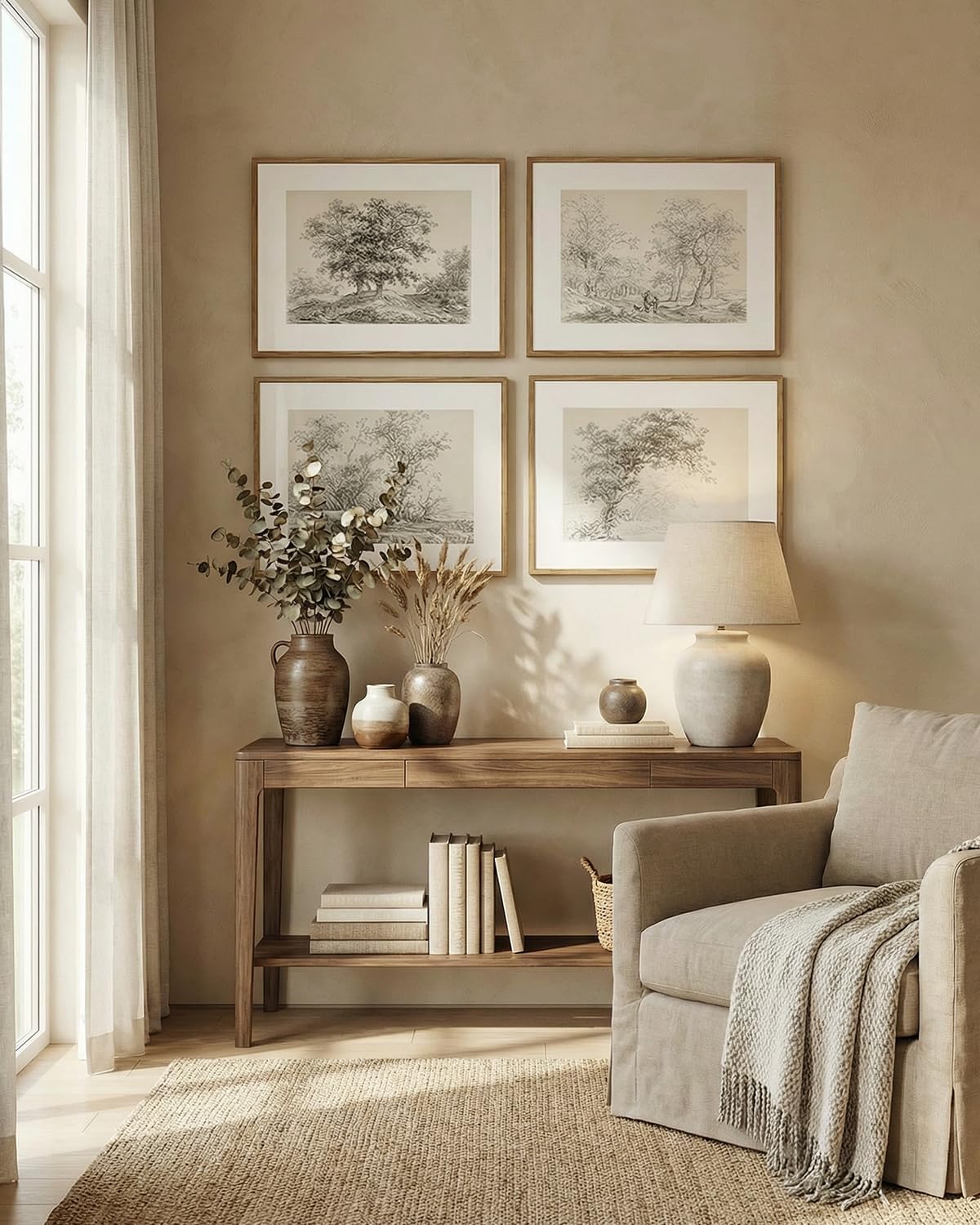 InSimSea 4 pcs Framed Wall Art, Vintage Sketch Tree Canvas Prints, Bathroom Kitchen Beige White Decor, Neutral Toned, Rustic Nature Shelf Decor, Small Size,11x14in