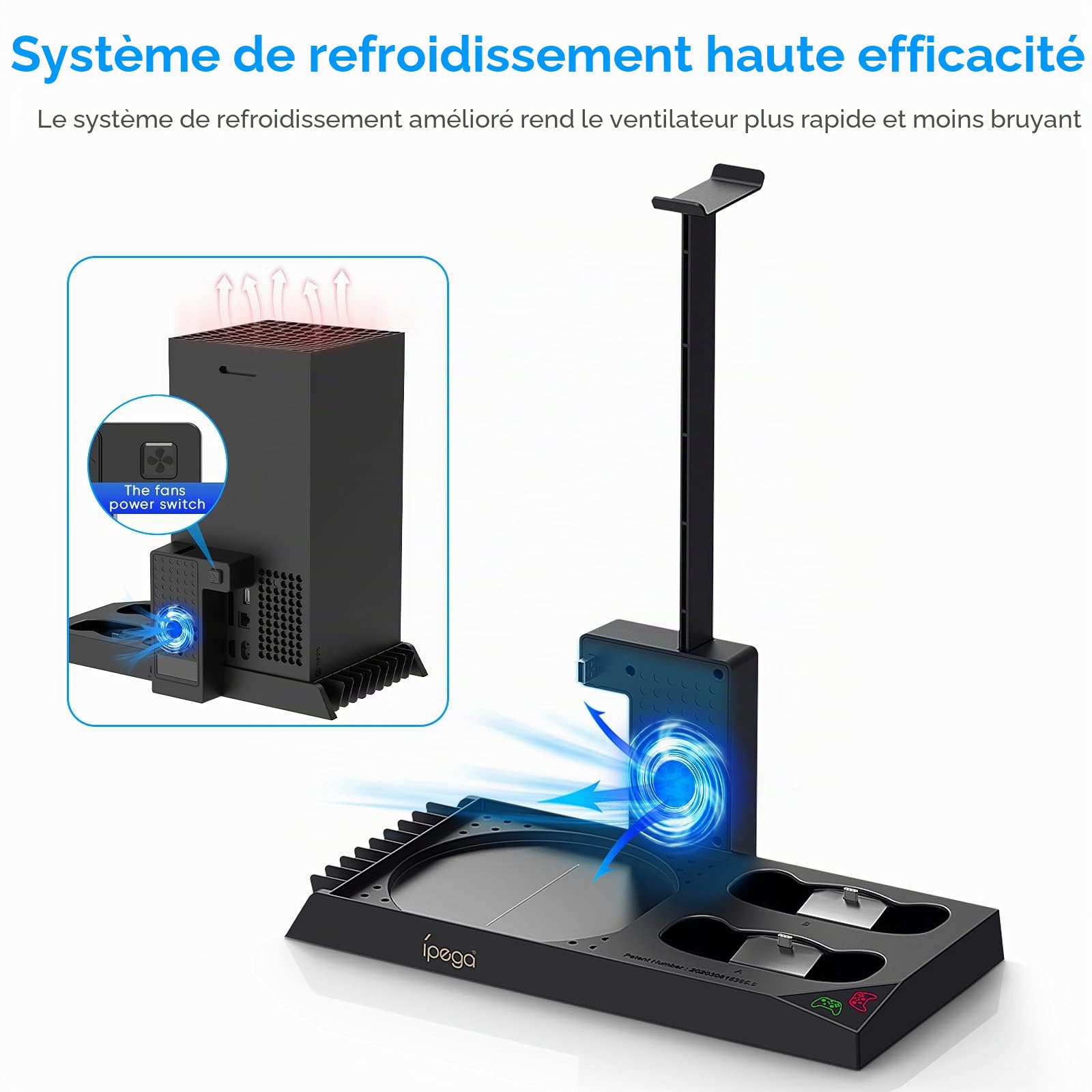 Support Compatible avec Xbox Series X, Ventilateur de Refroidissement avec Dual Controller Chargeur Station avec Batteries Rechargeables 2x1400mAh, Support D'écouteurs pour Série X