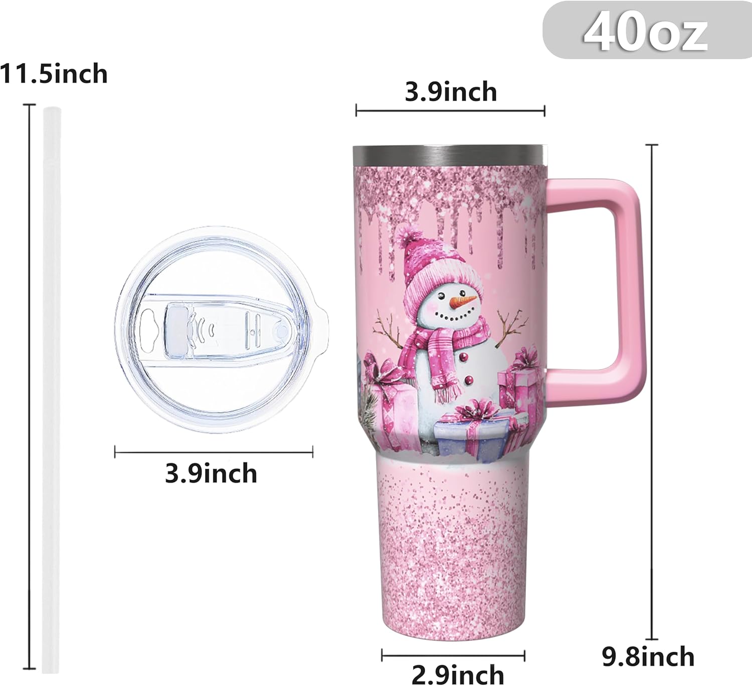 40 oz Christmas Tumbler with Handle and Straw, Stainless Steel Insulated Snowman Tumbler 40 oz, Reusable Pink Snowman Cup with Leak Proof Lid, Christmas Gifts for Women - Image 6
