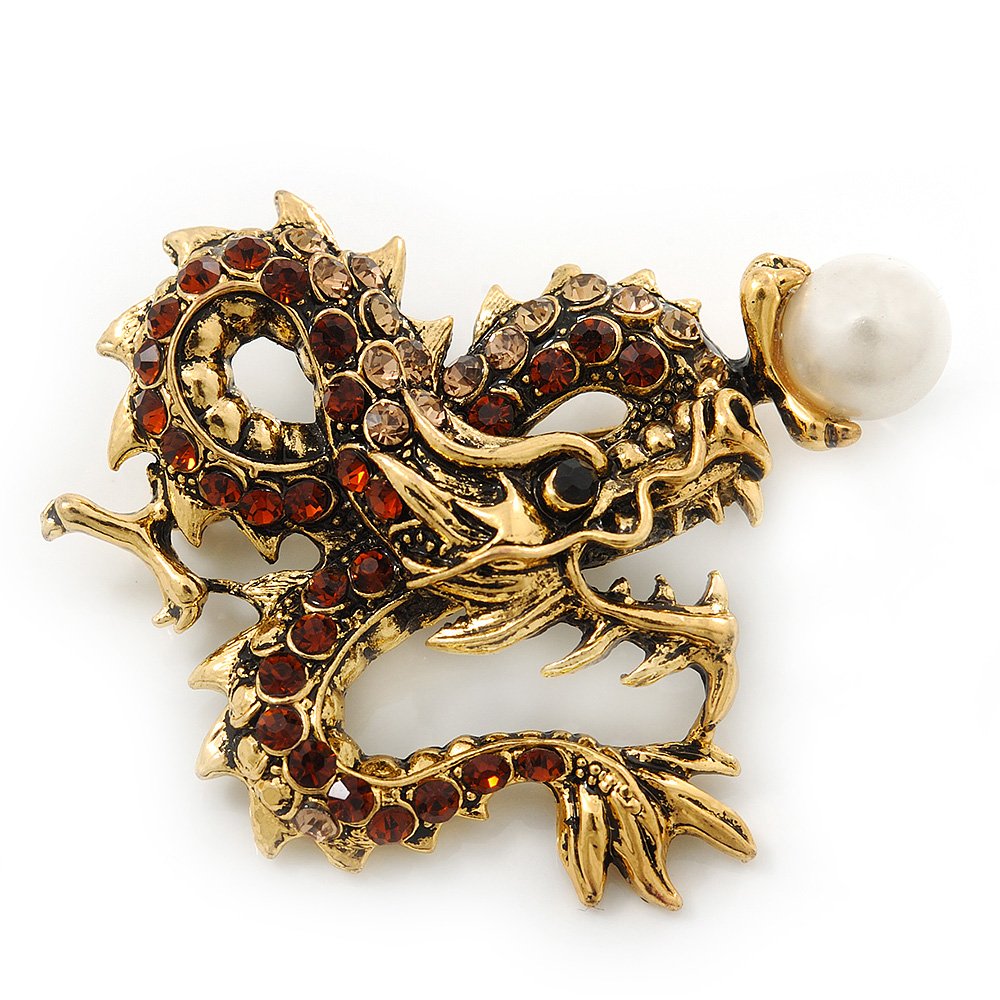Classic Crystal Chinese Dragon Brooch With Simulated Pearl In Burn Gold Metal (Light Citrine/Smokey Topaz Coloured) - 50mm Width