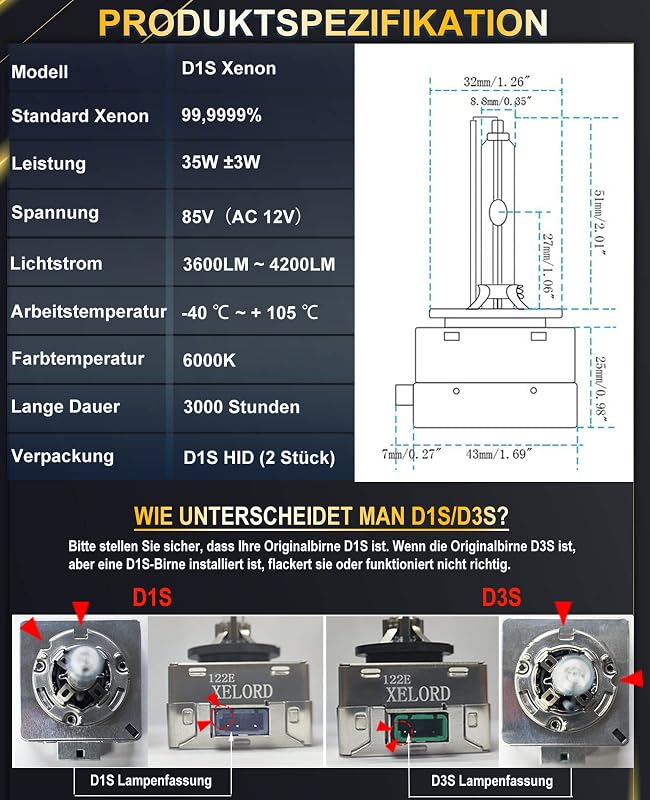 XELORD D1S D3S Xenon izzó 6000K HID fényszóró 35W 12V 2db