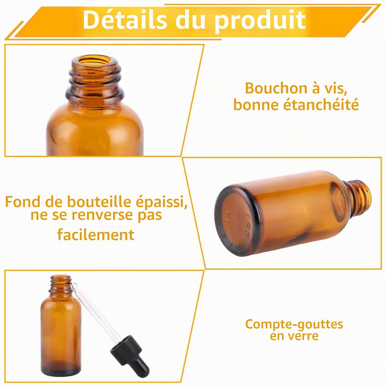 Lot de 30 flacons compte-gouttes en verre ambré de 30 ml avec pipette pour huile essentielle, huiles parfumées, aromathérapie, parfums, liquides