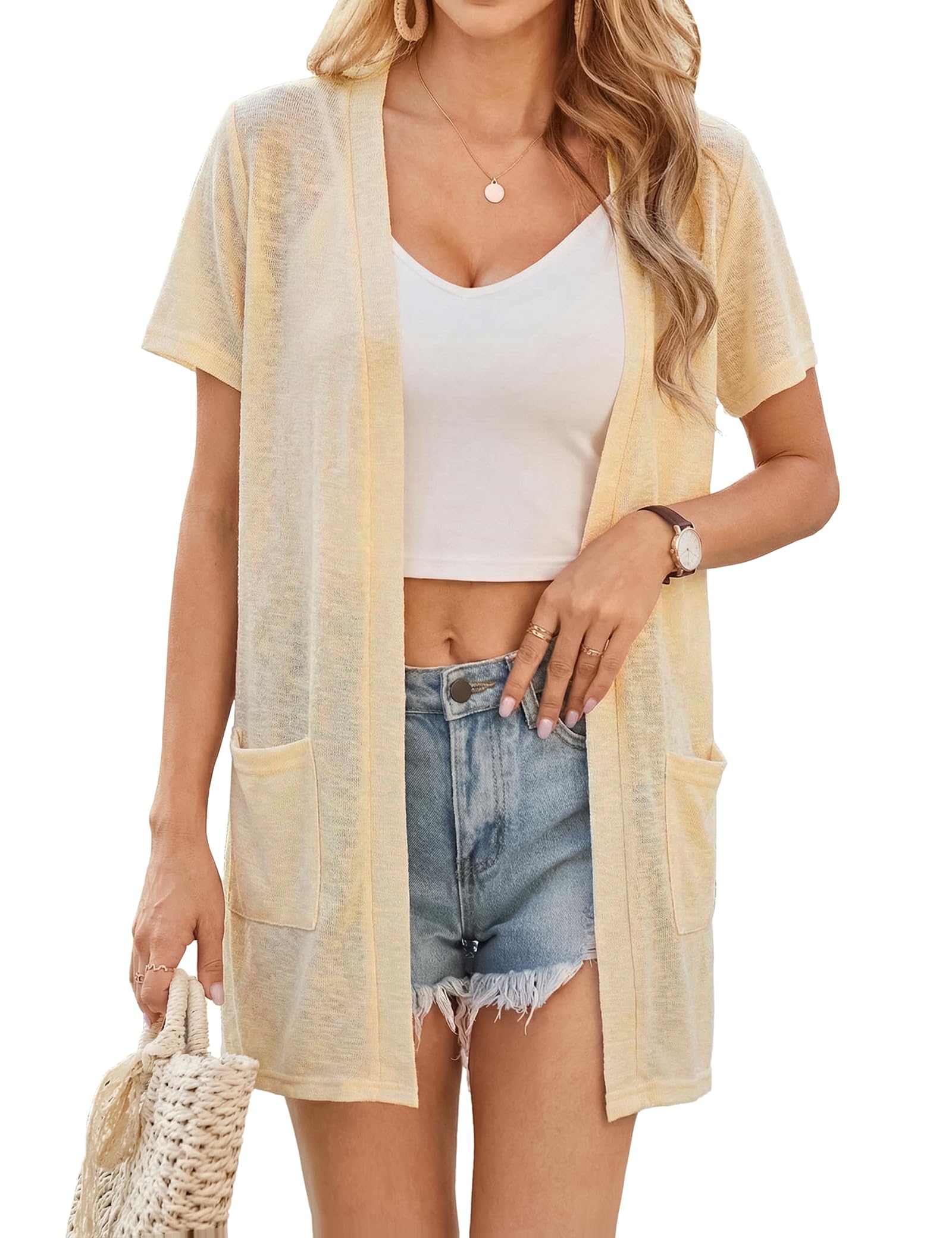 Totatuit Kimono Damen Strand Leichte Sommer Cardigan Kurzarm Strickjacke Dünn Bikini Cover Up mit Taschen