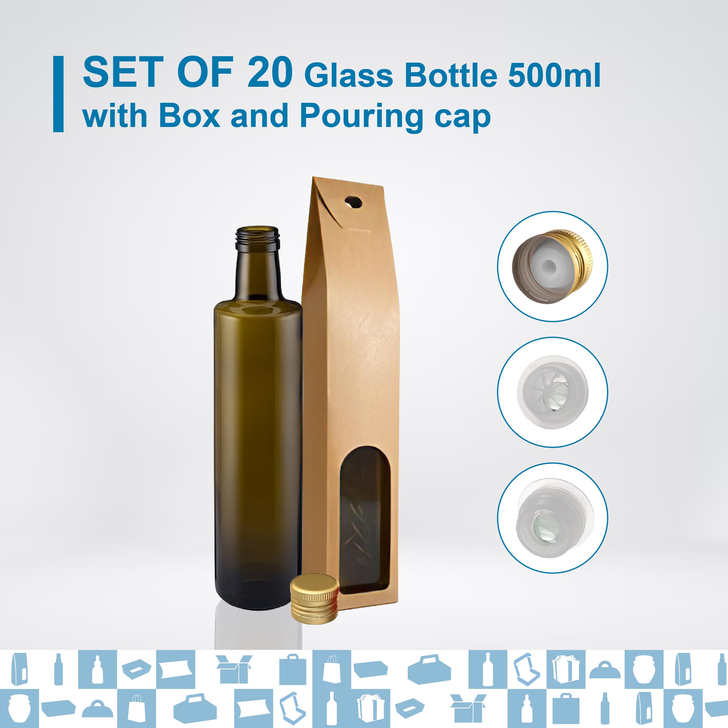 20 bottiglie di vetro scuro da 500 ml con tappo dorato e beccuccio + 20 scatole, oliera per olio d'oliva, aceto e salse Espirito Rebelde
