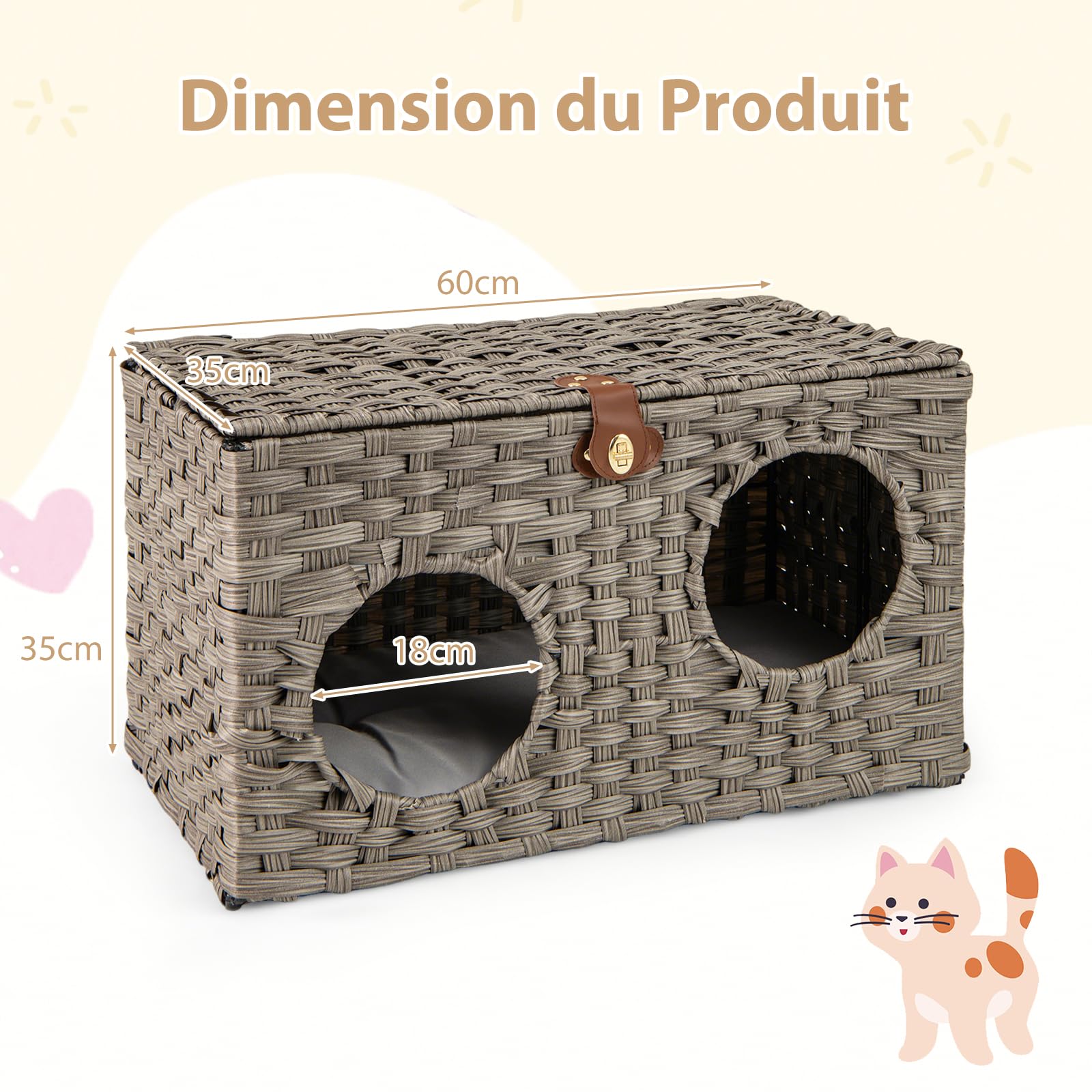 COSTWAY Niche Chat Pliable en Rotin PE, Maison pour Chat Interieur, Coussin Amovible, Couvercle Verrouillable, 2 Entrées, Pied Antidérapant, Meuble Chaton pour Salon Chambre, 60 x 35 x 35 cm