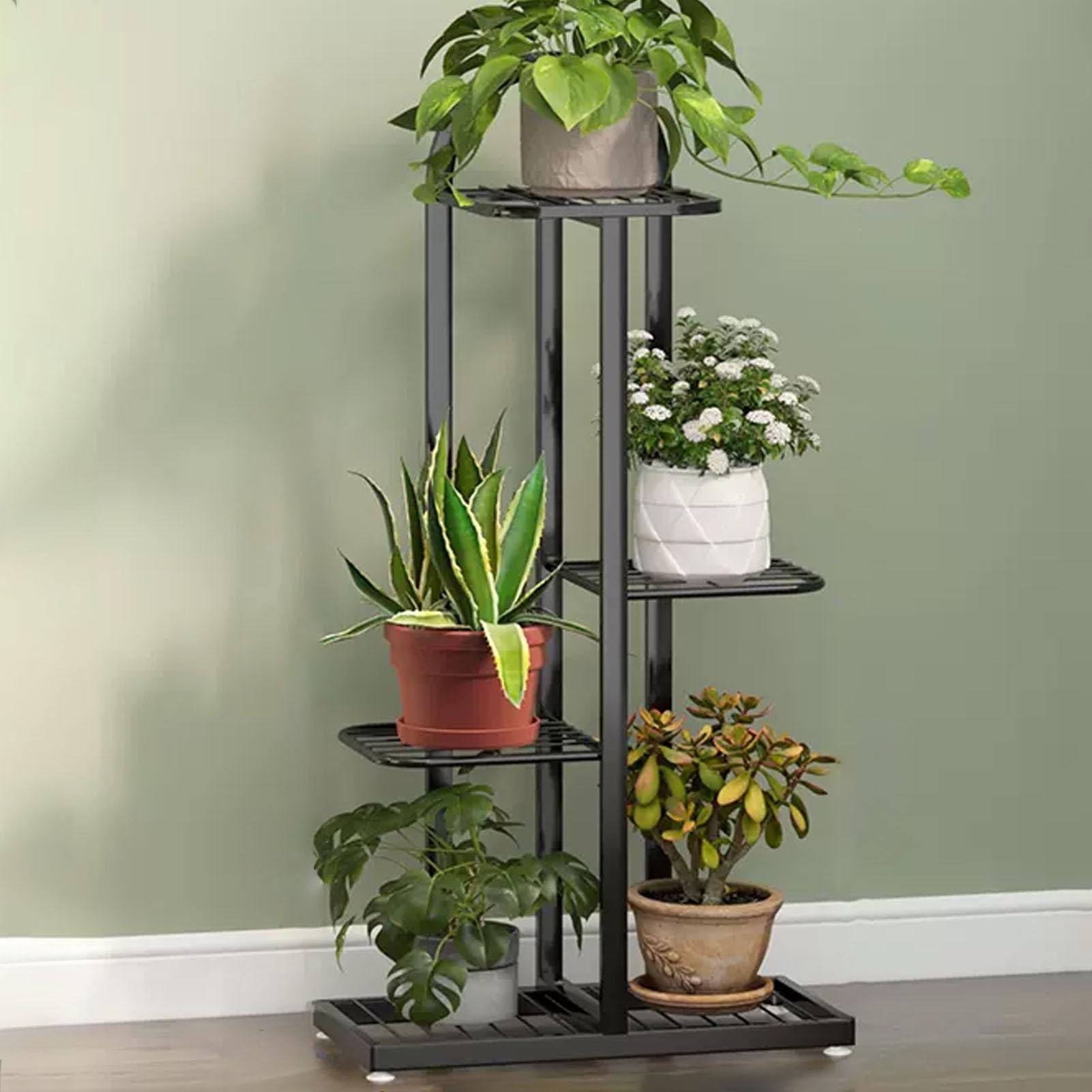 Support à Plantes élégant à Plusieurs Niveaux en métal avec Seau - Étagère à Fleurs à 3 ou 4 Niveaux pour Plantes d'intérieur/d'extérieur, Organisateur de décoration Moderne et Porte-Pots