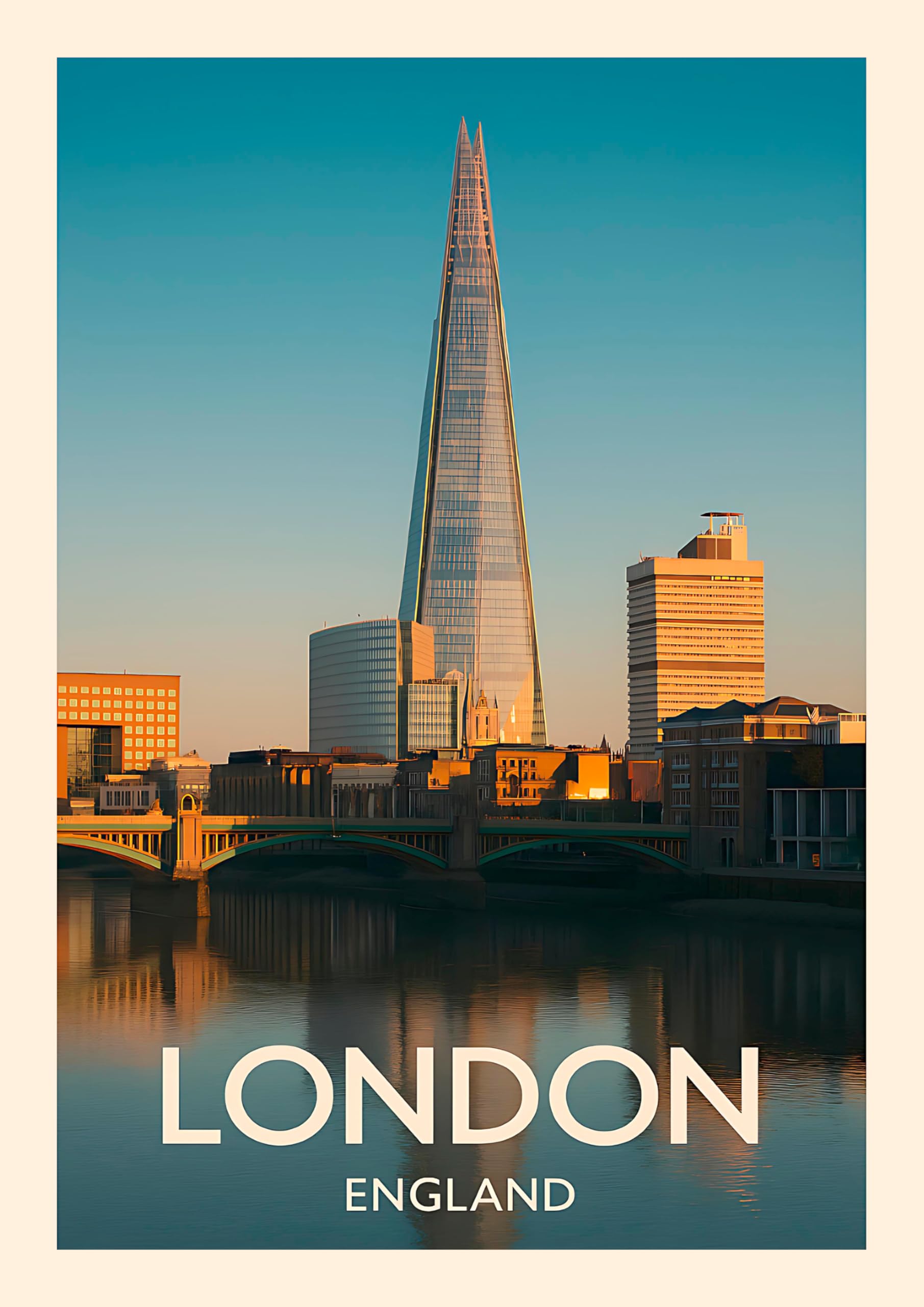 The Shard London Travel Art Print, Thames River at Sunset, Modern Urban Wall Art. Size A4