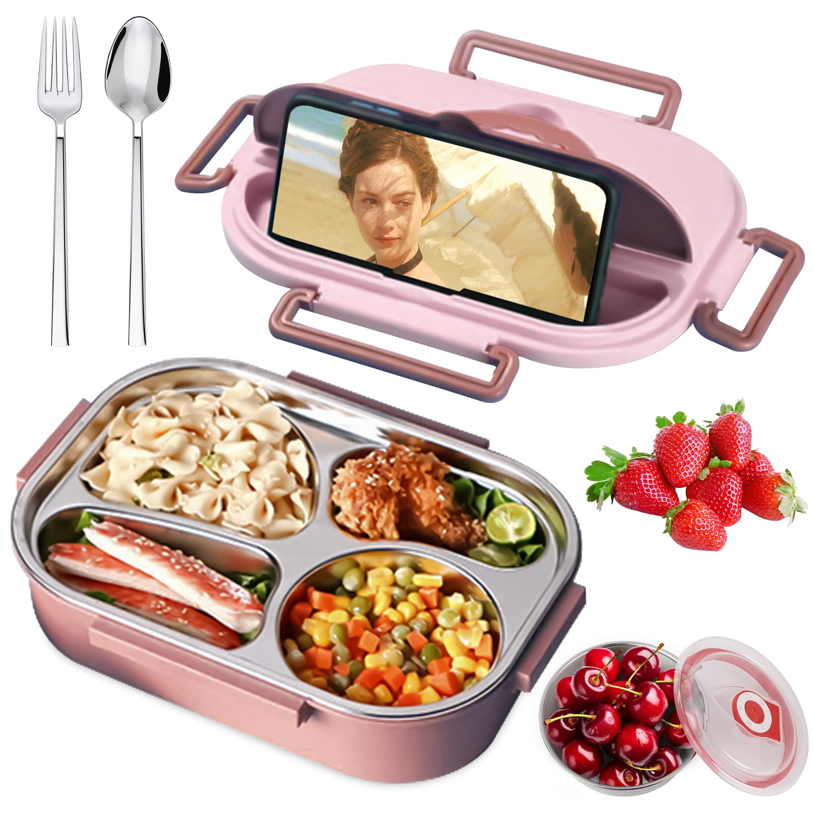 Necomi Lunch Box with Soup Bowl, Bento box 304 Stainless Steel with Spoon,Thermal Insulation Bento lunch box 4 Compartments Lunch Container for Adults,Food-Safe Materials and Leak-proof (Pink)