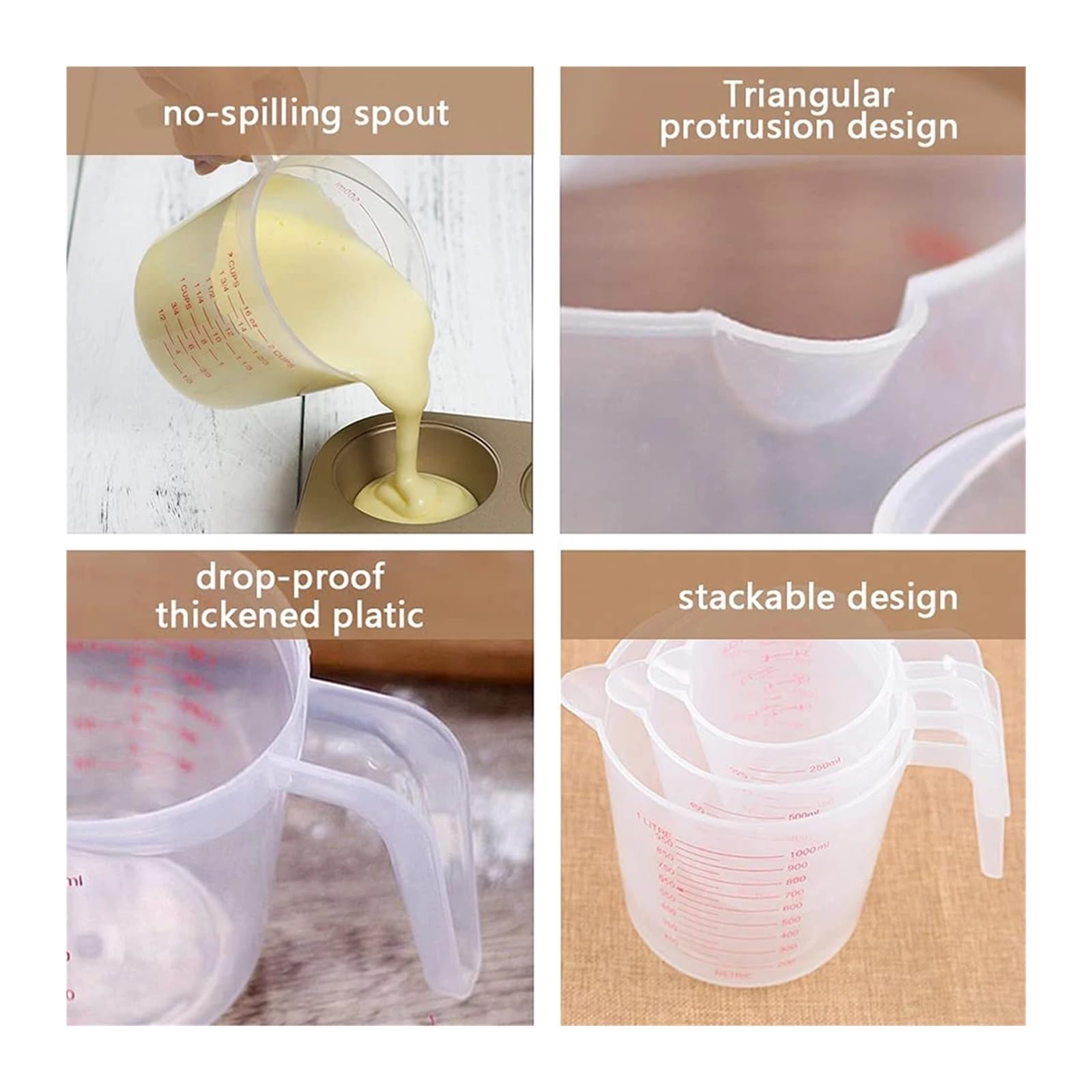 Taza Medidora 3 tazas medidoras de 250 ml, 500 y 1000 con boquilla plástico mango transparente for hornear, herramienta cocina Jarra Medidora Cocina(1000ml)