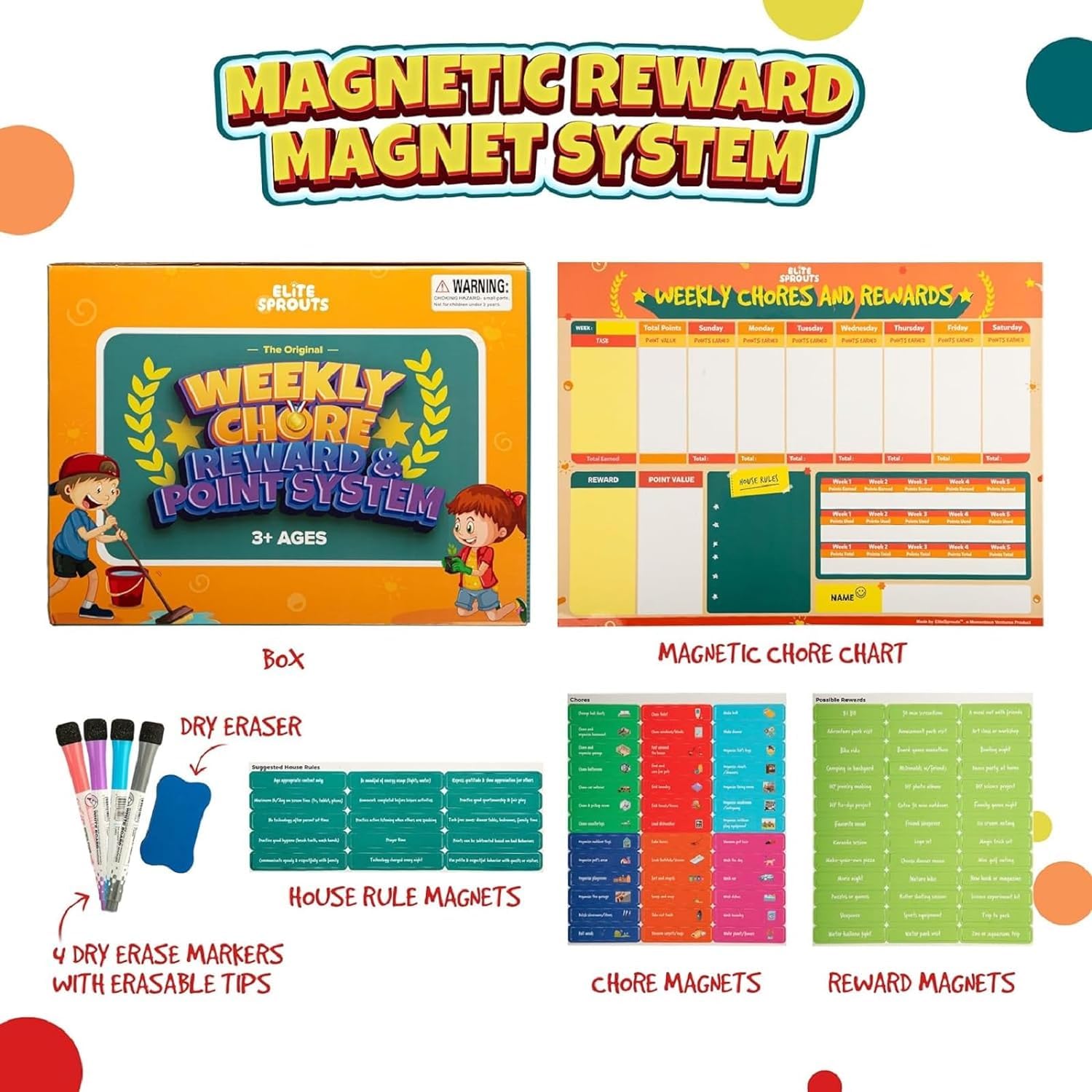 Magnetic Chore Chart for Kids - Weekly Responsibility & Reward System with 4 Dry Erase Marker, 80 Chore Magnets & 20 Reward Magnets - Behavior Chart, Routine & Kids Task Board for Home Organization