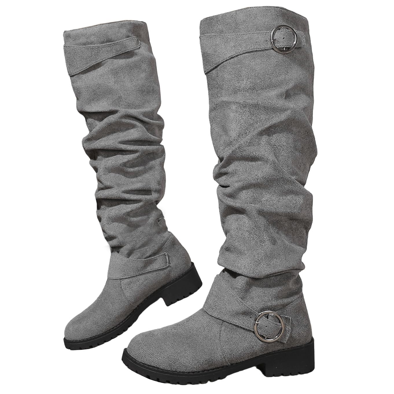 DINTAHA Faux Suede Knee High Slouch Boots Low Heel Chunky Fall Slouchy Boots