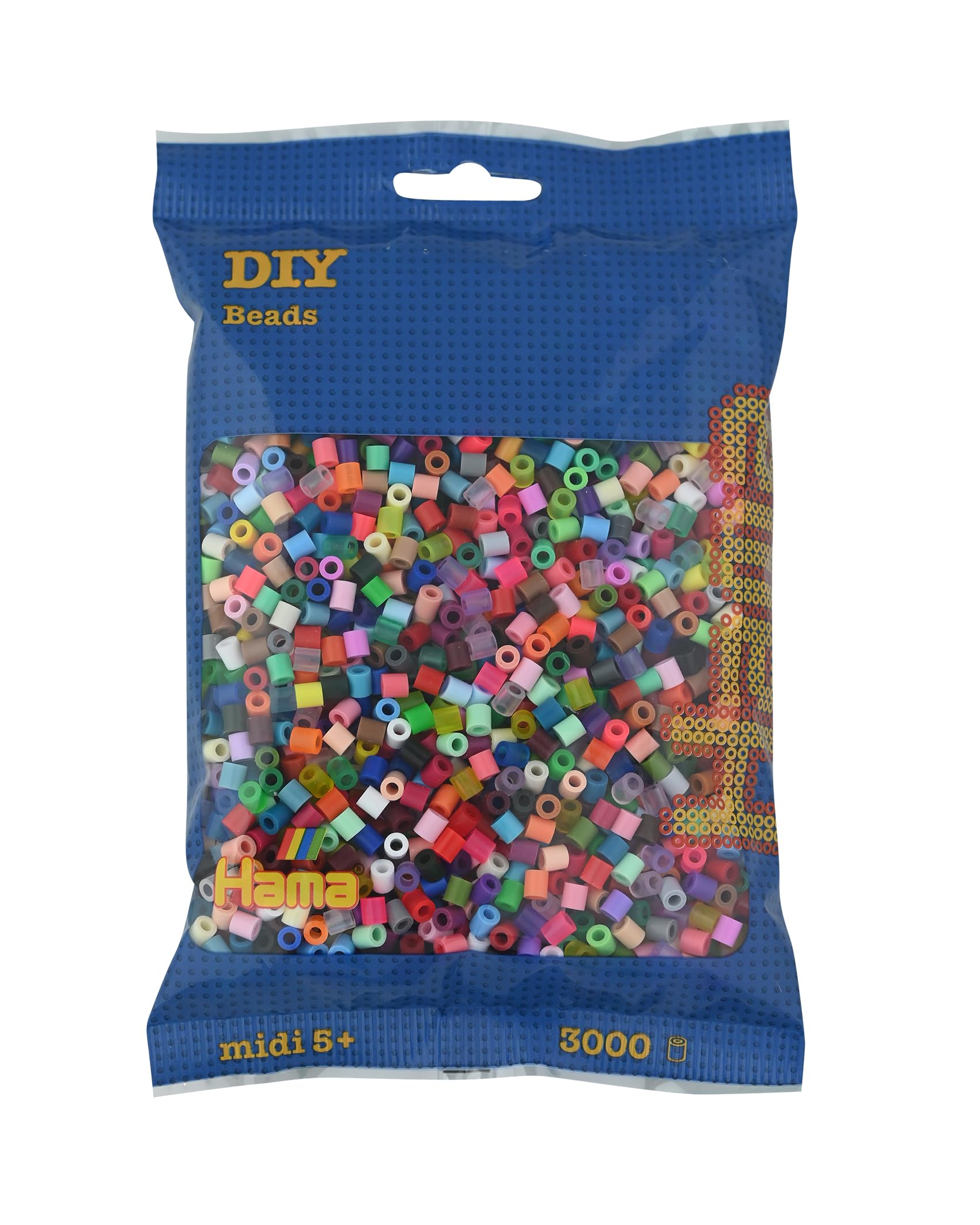 Hama Perlen 201-68 Bügelperlen Beutel mit ca. 3.000 bunten Midi Bastelperlen mit Durchmesser 5 mm im Vollton Mix mit 14 Farben, kreativer Bastelspaß für Groß und Klein