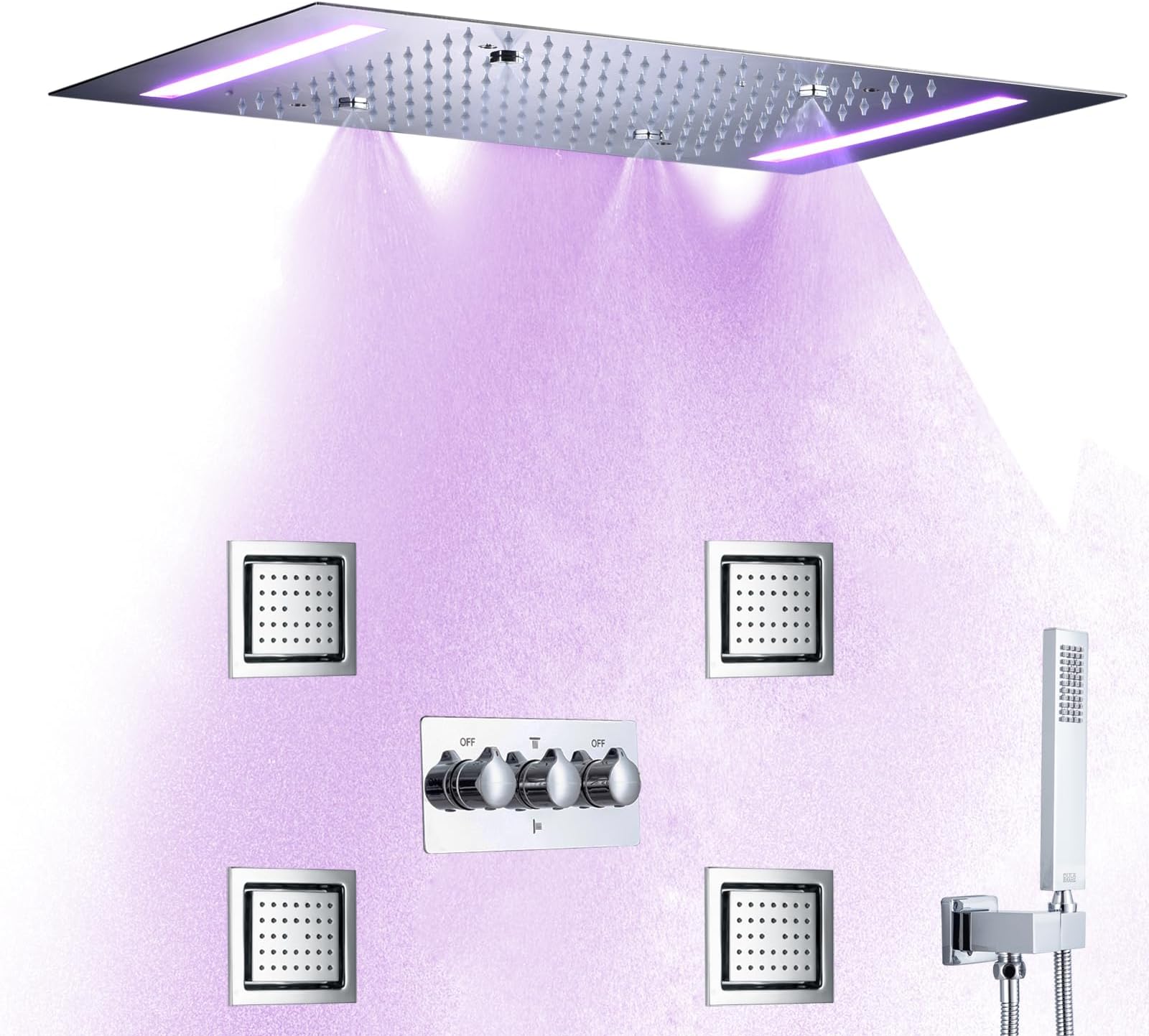 Brass Chrome Rain Shower System Metal Ceiling Mounted 14 X 20 Inch Stainless Steel LED Rainfall Shower Head Spa Shower Body Massage Combo Mixer Jets