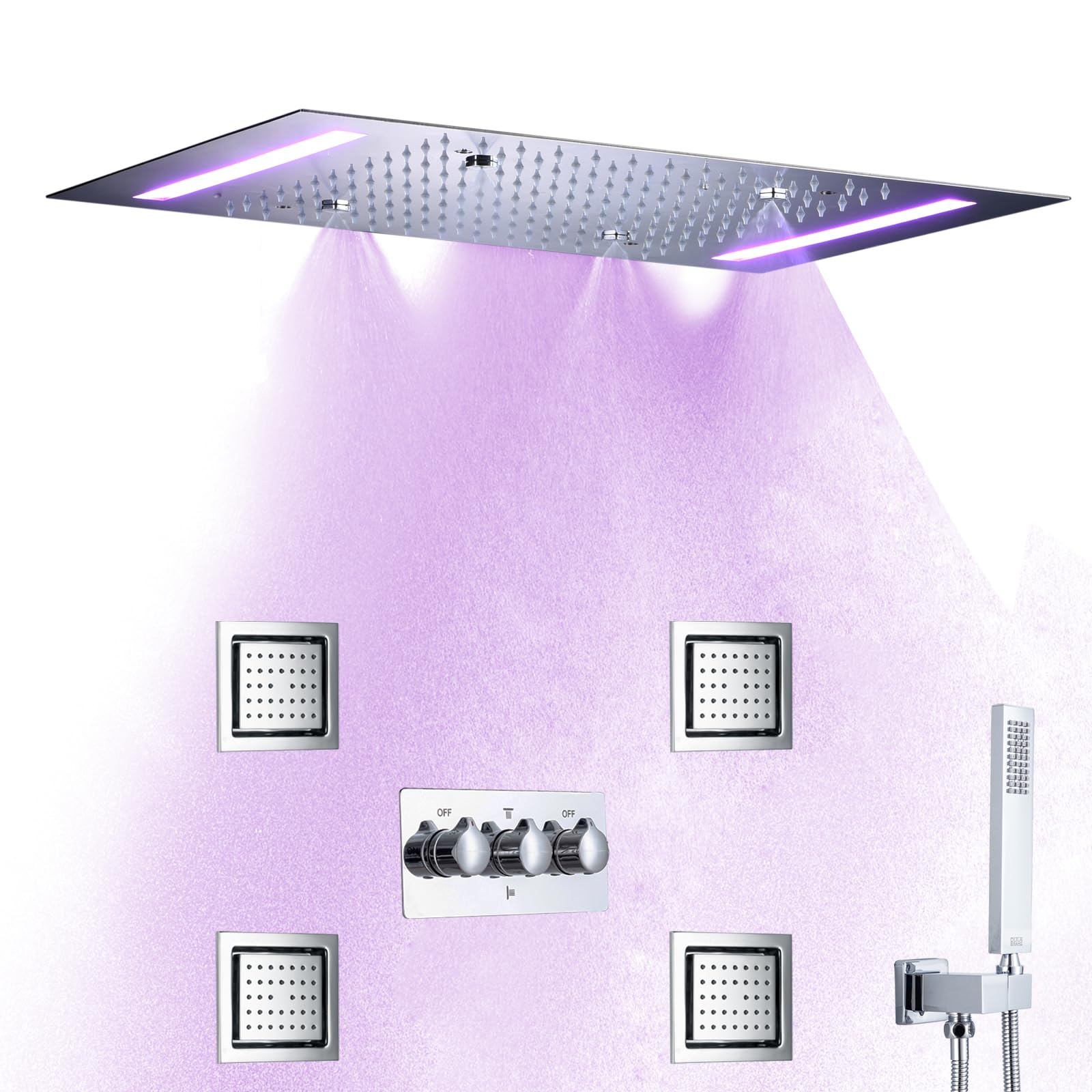 Brass Chrome Rain Shower System Metal Ceiling Mounted 14 X 20 Inch Stainless Steel LED Rainfall Shower Head Spa Shower Body Massage Combo Mixer Jets