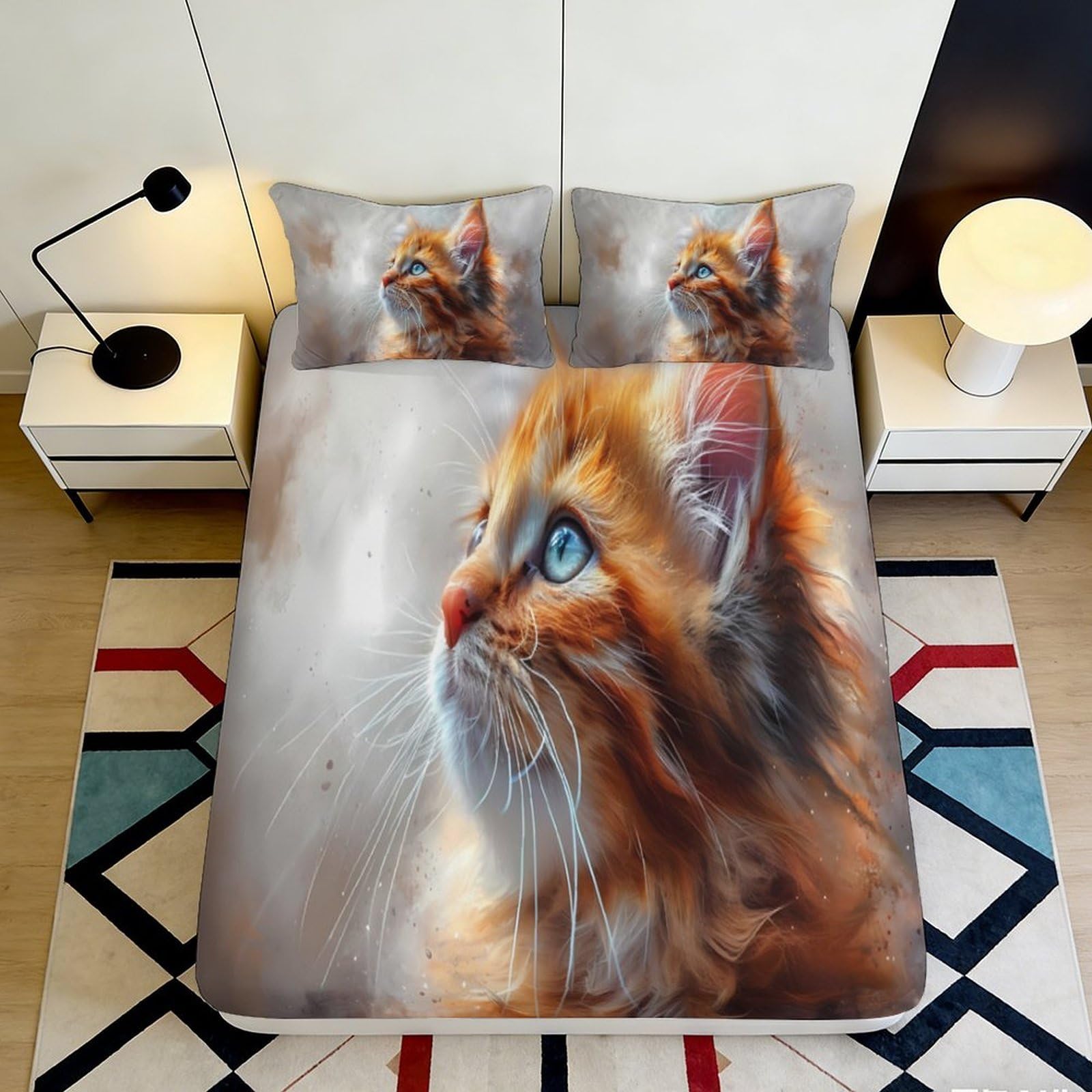 Uxinyoume Style-10 3D Printed Ginger Cat Fitted Sheet Microfiber Soft Breathable Tabby Mattress Cover Bedroom Decor For Home Guest Room 90X200x25cm