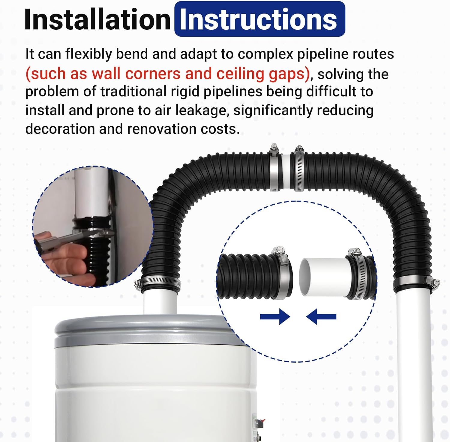 Easy Retrofit Flexible Pipes, 2Inch Vacuum Hose Compatible with Compatible with OVO Beam Nutone Central Vacuum Systems, Central Vacuum Flexible Pipes Can Quickly Connect to Existing Pipeline Networks