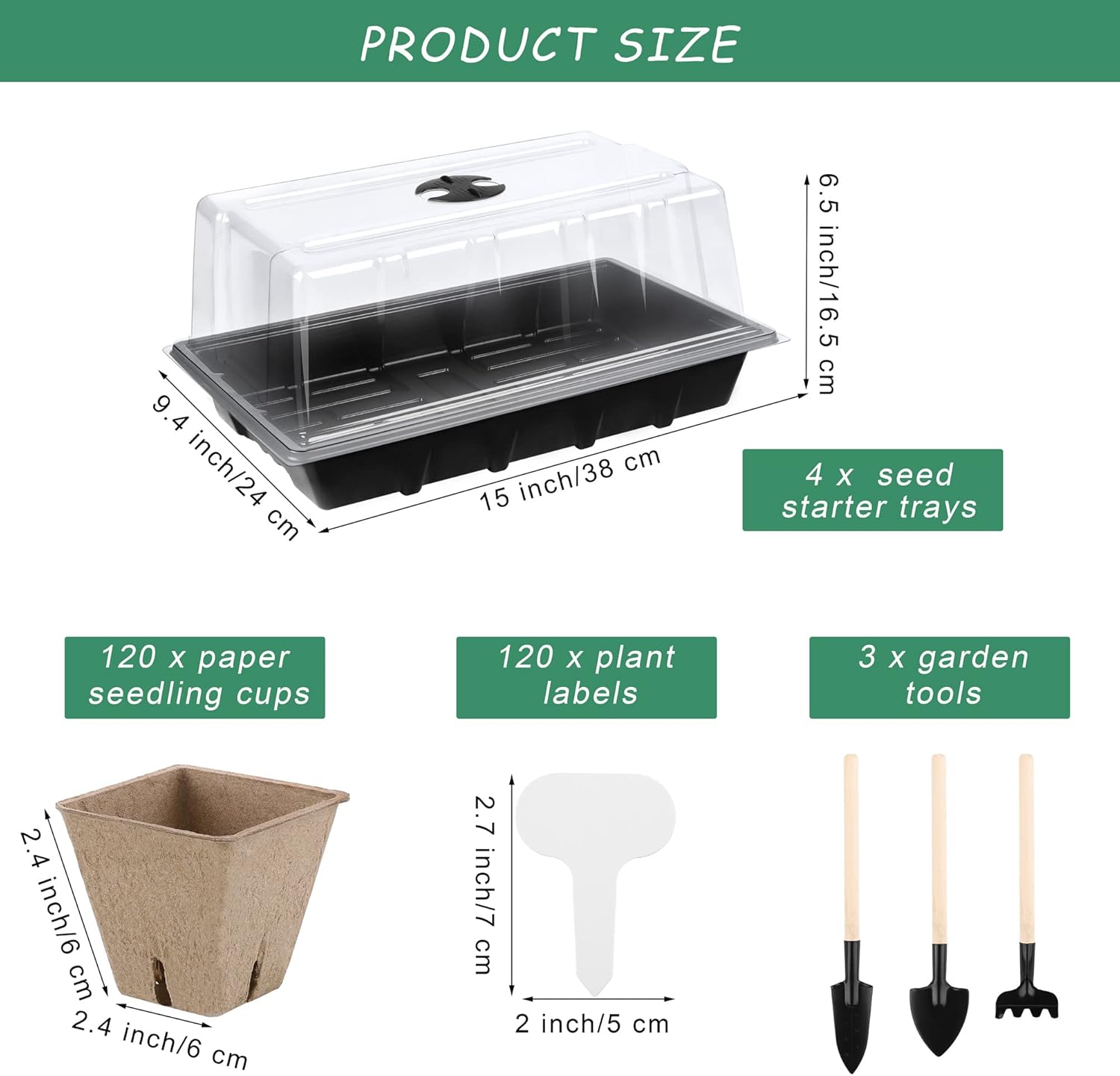 Hahood 4 Pack Seed Starter Tray Kit, 120 Square Seed Peat Pots for Seedlings with Plants Labels, Planting Tools, Plastic Growing Germination Trays with Lids for Indoor Outdoor Gardening, Black