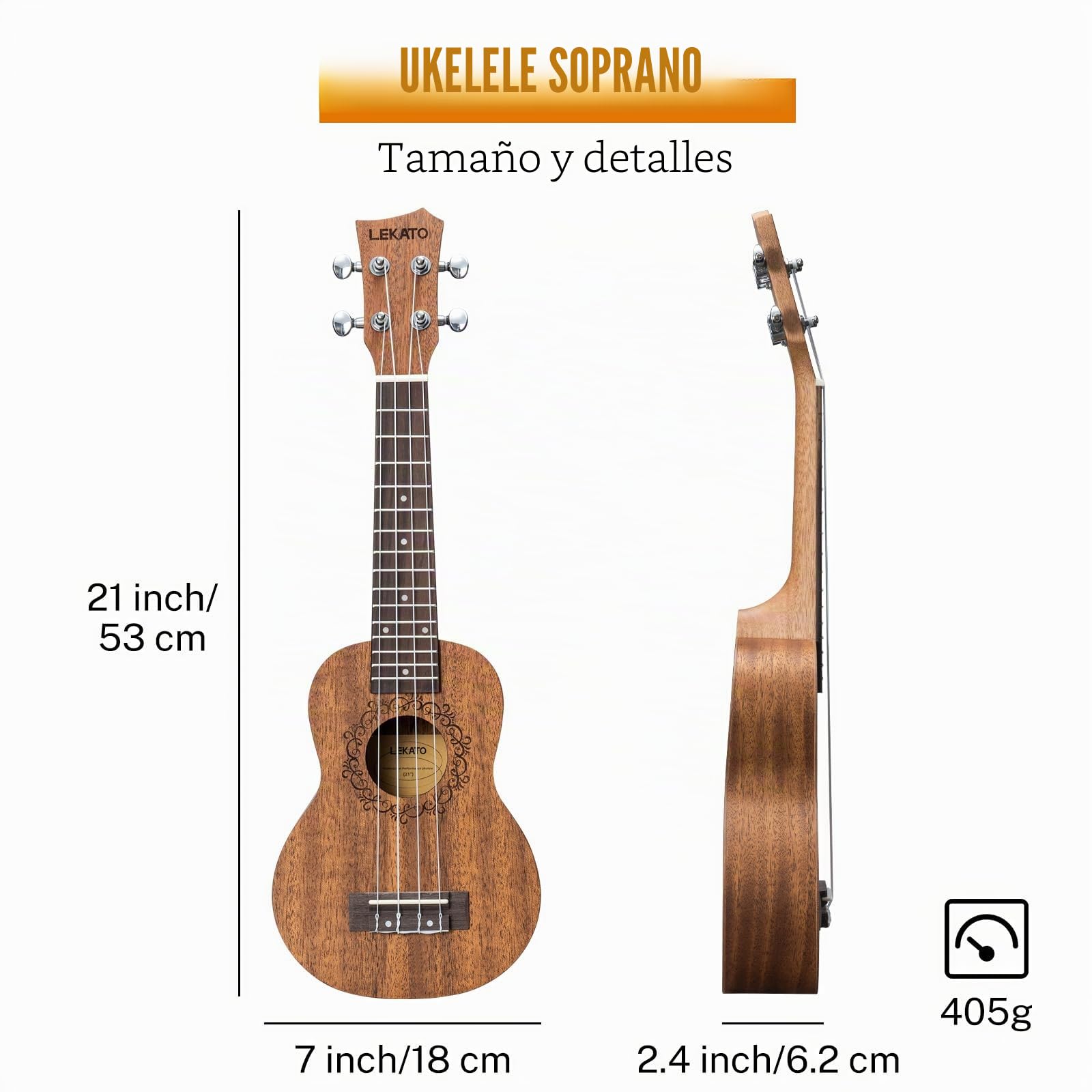 LEKATO Ukelele soprano Sapele de 21 pulgadas, kit de inicio con funda, afinador, correa, púas y cuerdas, juego de ukelele de 4 cuerdas para viajes a Hawái para principiantes