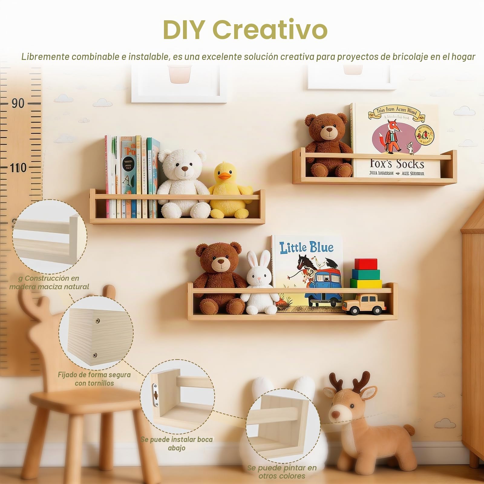 Juego de 4 estantes flotantes de Madera para Libros de Pared para guardería | estante de exhibición montado en la pared para el hogar, dormitorio, habitación del bebé, habitación de los niños