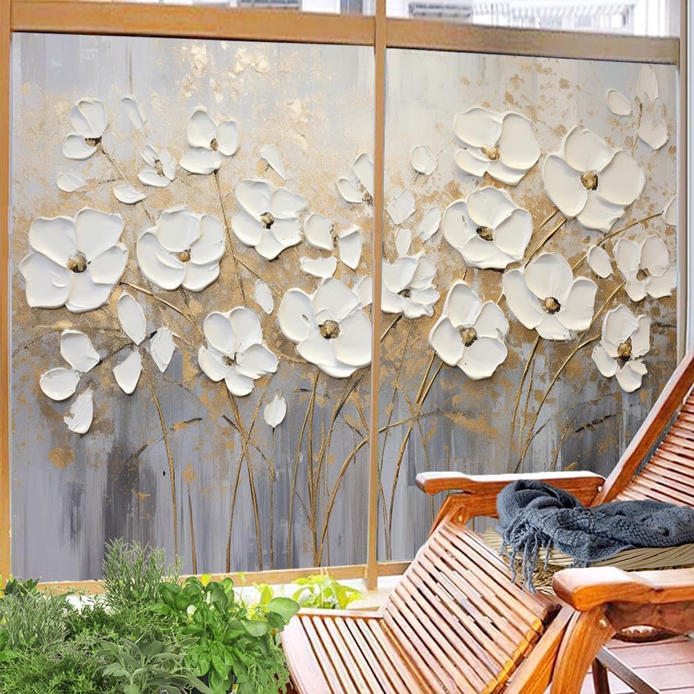Abstract Flower Window Film Coverings White Flower Painting Gold Graffiti Window Privacy Film Self-Adhesive Glass Film Decorative Sticker Frosted Film for Home Office 31.5Wx47.2L-inch x2 Pcs