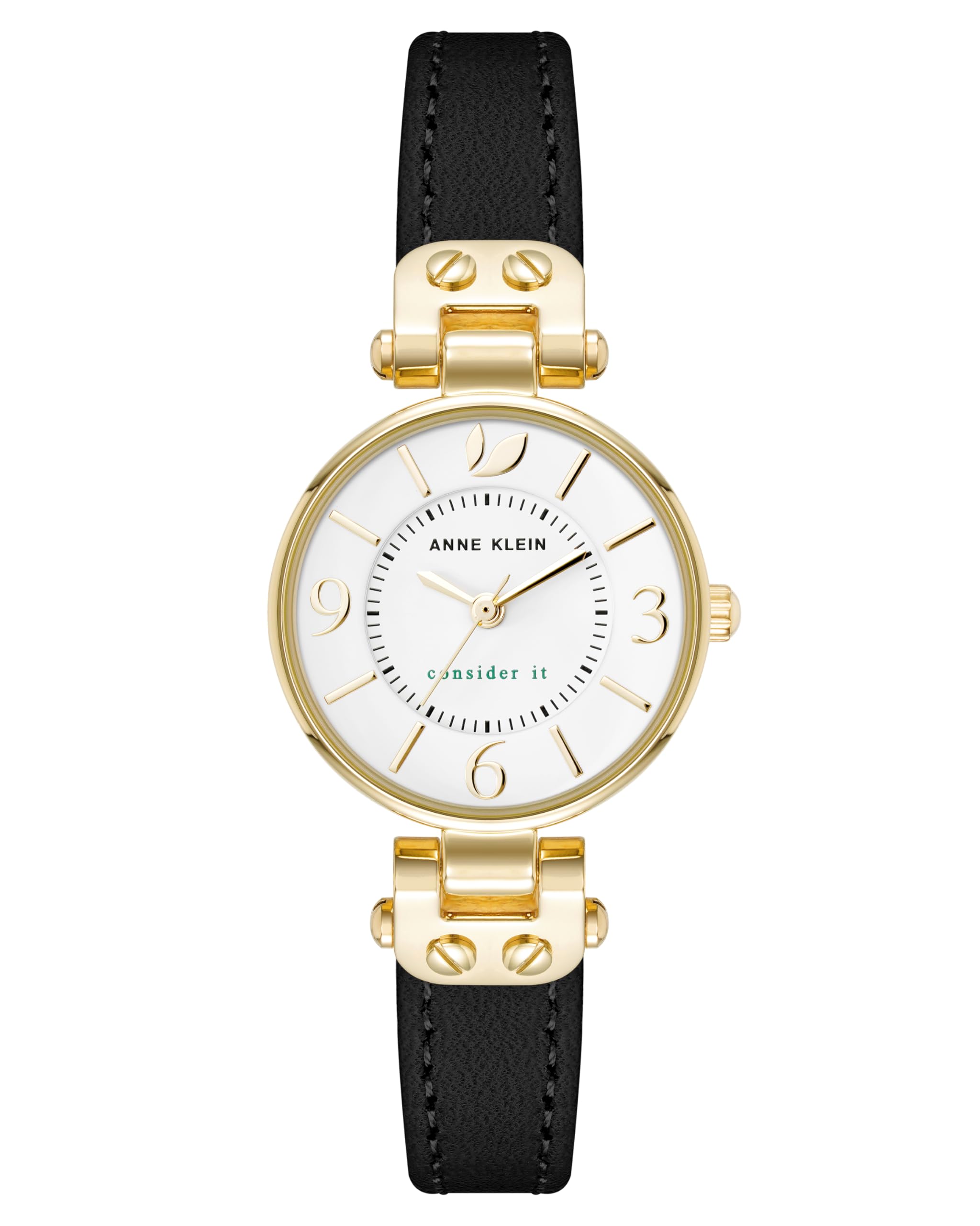 Anne Klein Women's Sustainable Leather Strap Watch, AK/5144,Black/Gold