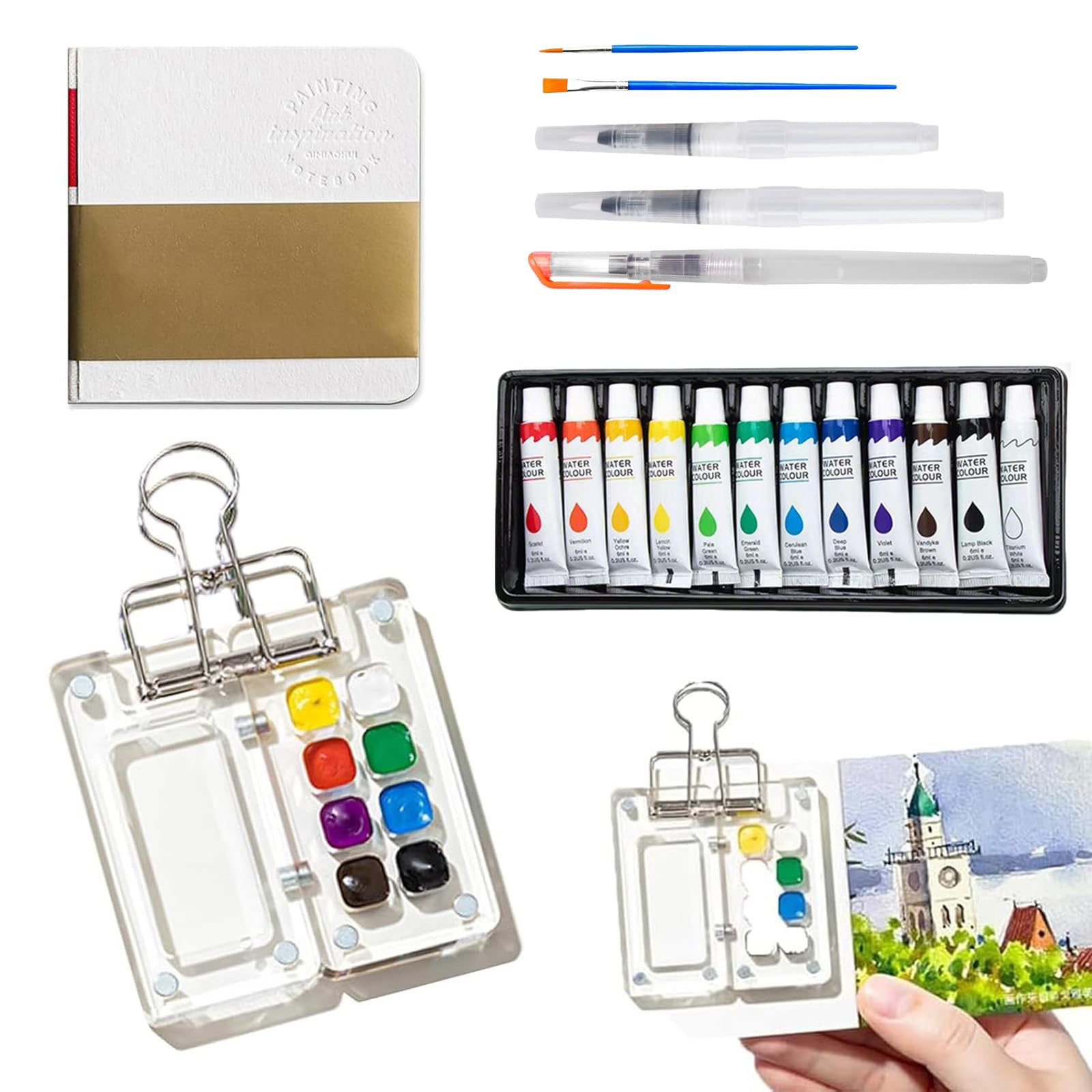 Vurlexat Mini Watercolor Paint Set, 12 Colors Pocket Watercolour Set for Travel, Portable Artist Mini Painting Kit with 8 Grids Palette, Sketchbook, 3*Brushes, 2*Watercolor Pens(12 Colors)