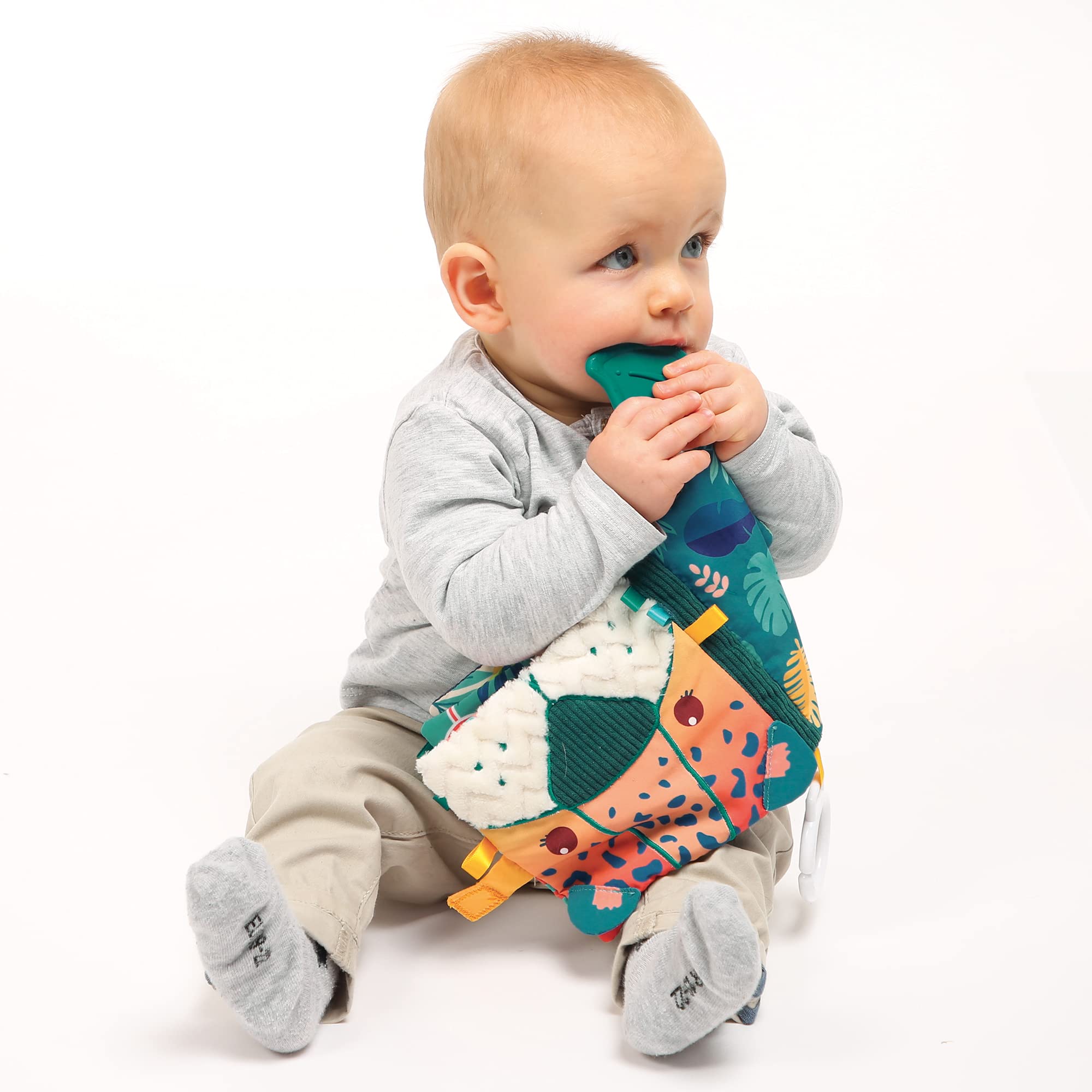 Ludi - Livre D'Éveil Jungle - avec 7 Activités Sensorielles - Dès 3 Mois - Éveil Bébé - Développe La Découverte, Le Toucher & Le Bien-Être - Matières Douces & Textures Variées + Anneaux De Dentition