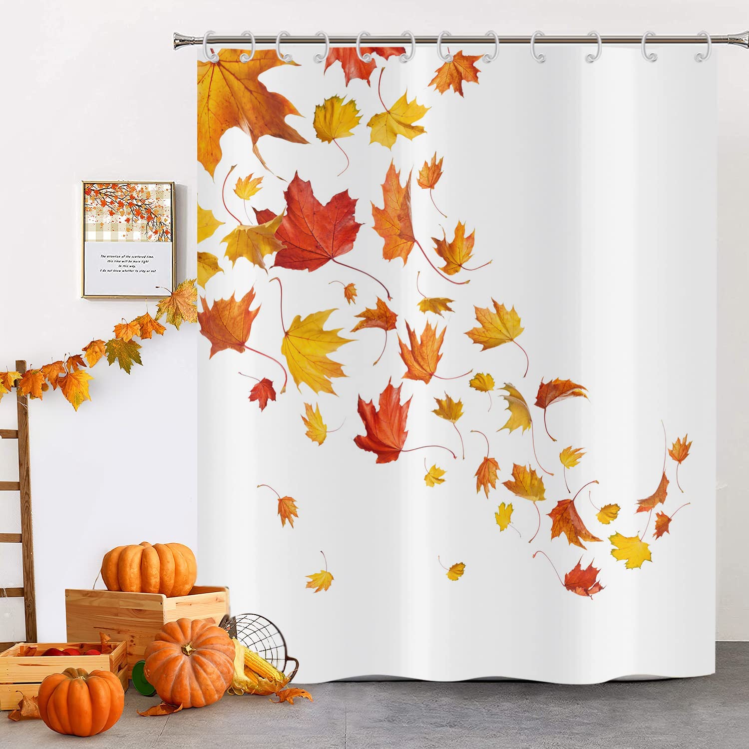 Hnmdmyi Fall Shower Curtain 180x200, Red Orange Yellow Falling Maple Leaf Harvest Plant Nature Scenery Autumn Bathroom Curtains Waterproof Polyester Fabric Washable Bath Curtains with Hooks