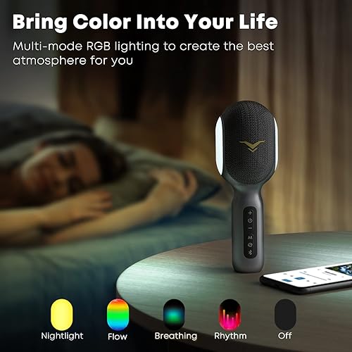 Miniatura 7 de Micrófono inalámbrico Bluetooth para karaoke, micrófono portátil 5 en 1 con altavoz y luces RGB dinámicas, mini máquina de karaoke para viajes en
