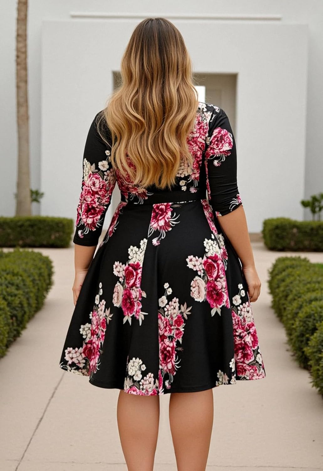 Nemidor Plus Size Dresses for Curvy Women Casual Fall V Neck 3/4 Sleeve Midi Cocktail Vintage Dress with Pocket