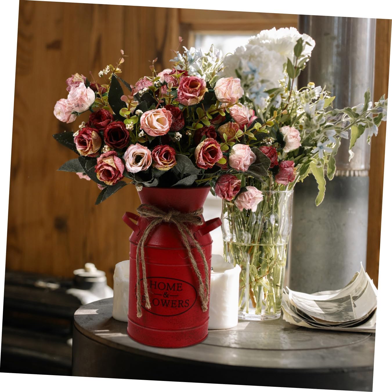 Didiseaon Retro Style Iron Bucket Flower Pot, European Style Dried Flower Arranger Vase Adornment for Home Garden Balcony Decor, 7.48X4.72In