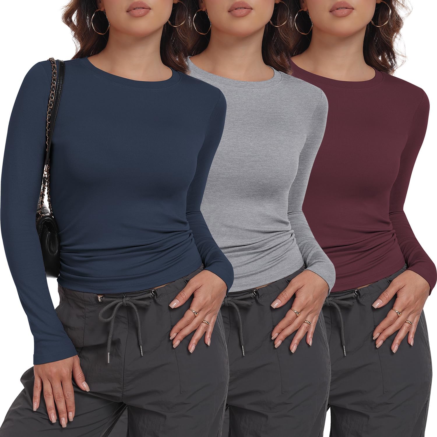 MLYENX 3 Pack Womens Long Sleeve Shirts Crew Neck Basic Stretchy Fitted Y2K Tops Going Out Fashion Clothes