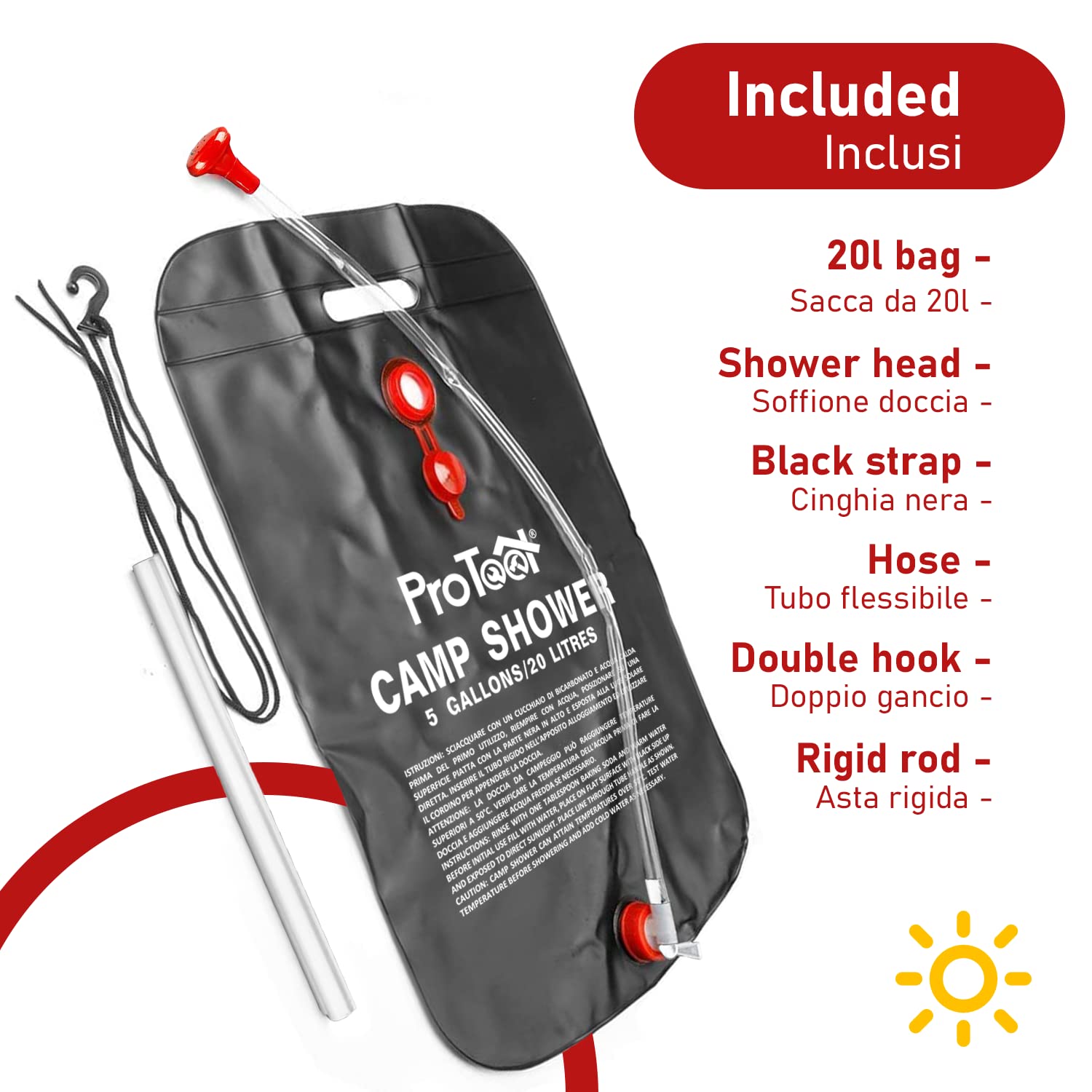 Doccia Solare Camping, 20L Riscaldamento da Sole Borsa da Campeggio, Doccia Portatile con Tubo Rimovibile e Soffione per Campeggio, Escursionismo Trekking attività all'aperto