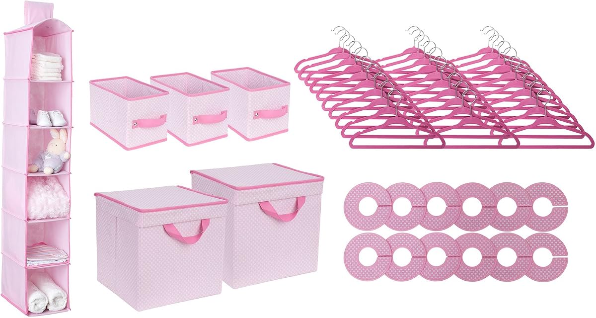 Juego de 48 piezas de almacenamiento para guardería Delta Children - Solución fácil de almacenamiento y organización - Mantiene limpio el dormitorio, la guardería y el armario, apenas rosa