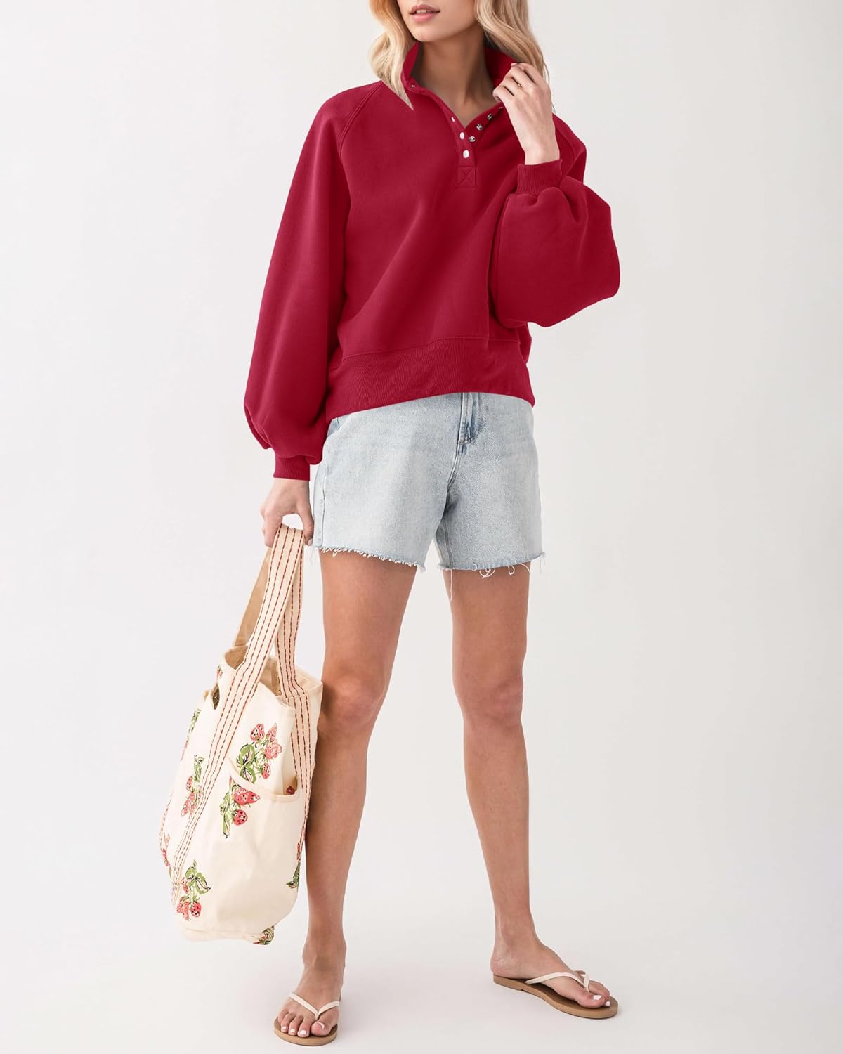 Locachy Women's Button Henley Neck Cotton Oversized Sweatshirt Casual Drop Shoulder Pullover Tops 2025 Fashion Outfits - Image 6