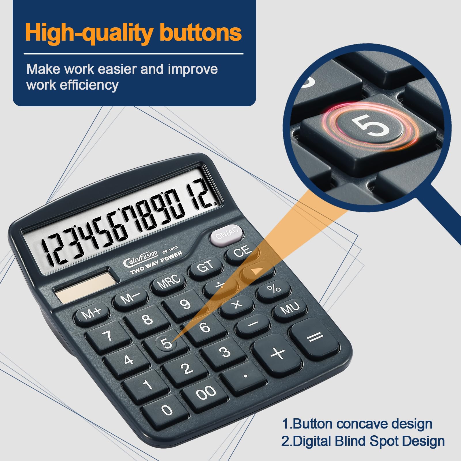 Calculadora de escritorio de 12 dígitos con pantalla grande y botones sensibles, doble potencia, solar y batería, funciones estándar para oficinas, hogar, escuelas, CF-1453