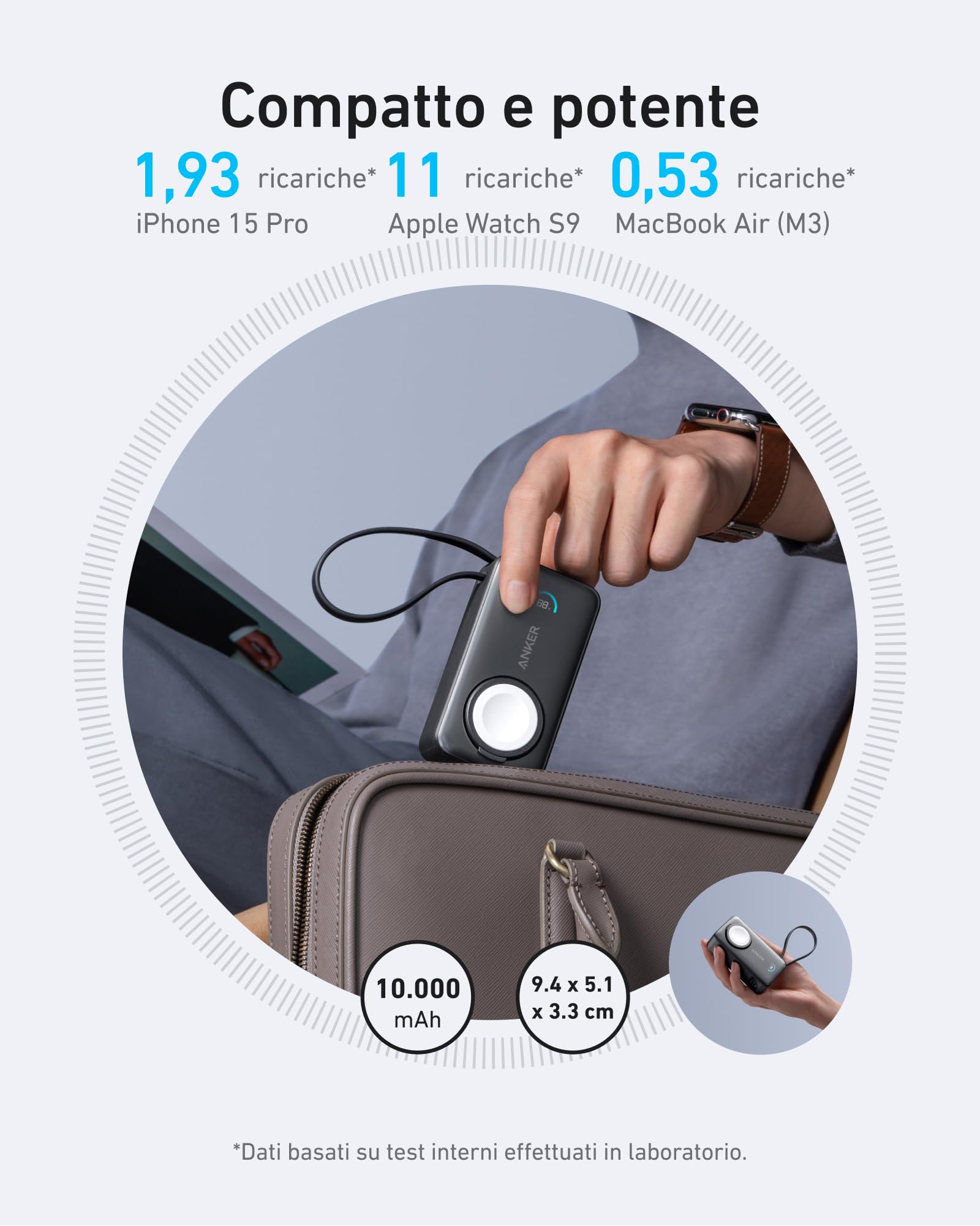 Anker MagGo Power Bank Magsafe per Apple Watch, Portatile e Compatta da 10000mAh 35W Max, Batteria Certificata, Cavo USB-C Incorporato, per iPhone 17 Pro Max/Serie 16-12, Samsung, iPad, AirPods(Nero)