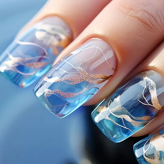 24 Stück Blaue Ombre Press On Nägel mit Gold - Quadratische Künstliche Fingernägel