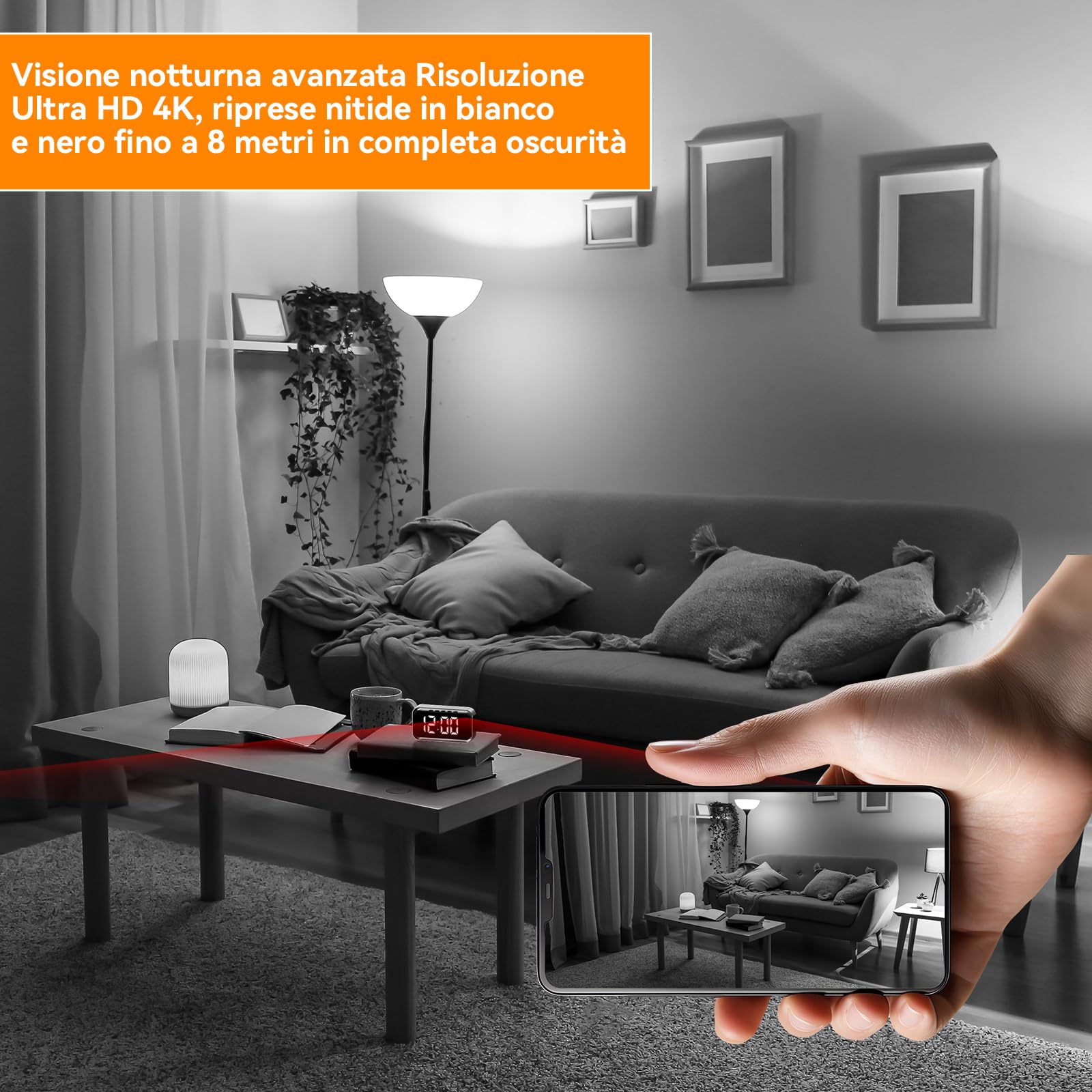 Mini Telecamera WiFi Interna 4K UHD Videocamera Sorveglianza con Visione Notturna, Mini Telecamera Spia Nascosta, Notifiche Movimento Istantanee, Doppia Memoria SD/Cloud, Controllo Remoto Con