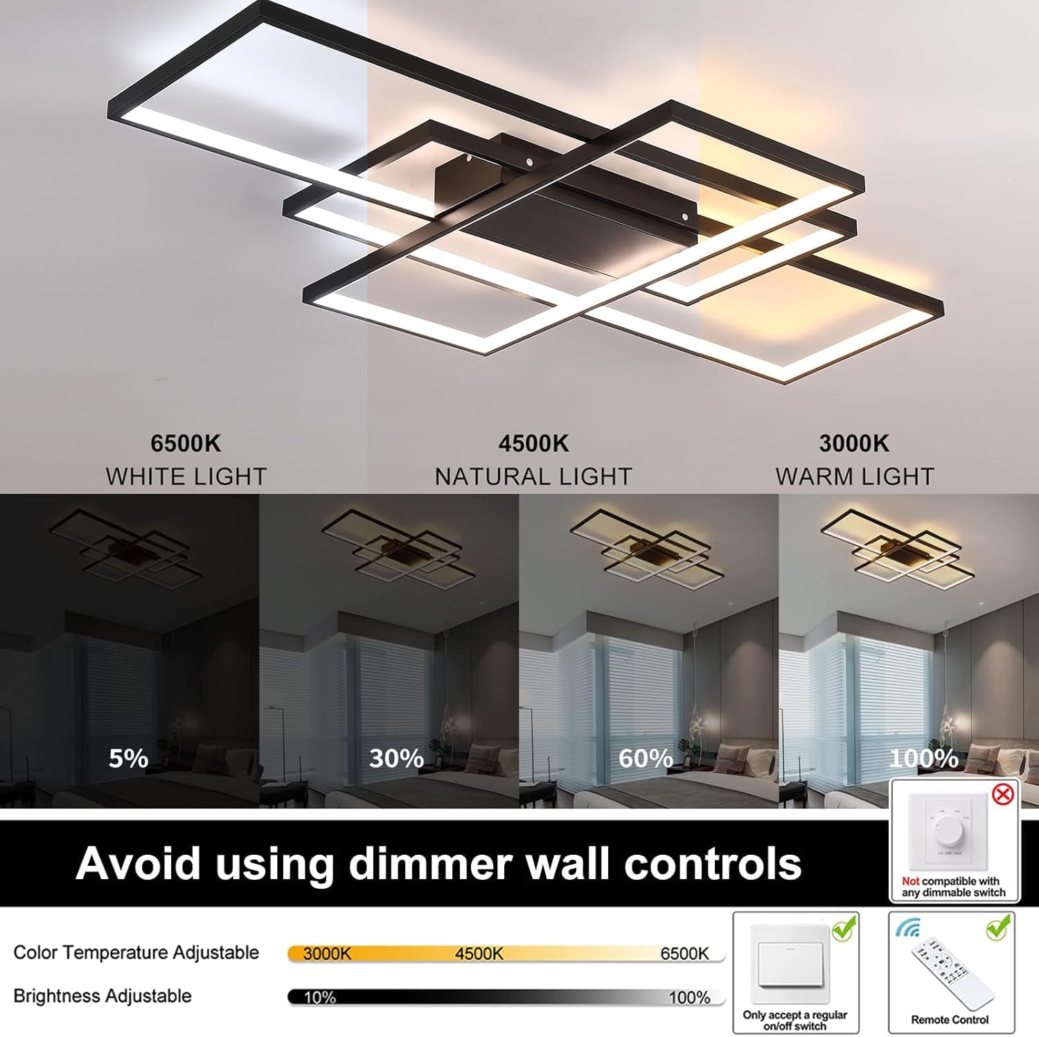 Moderna Lámpara de Techo LED 50W Regulable con Mando, Negro, 90cm | Iluminación Ajustable 3000K-6500K con Memoria, Diseño Rectangular de Aluminio, Perfecta para Salón, Dormitorio y Comedor