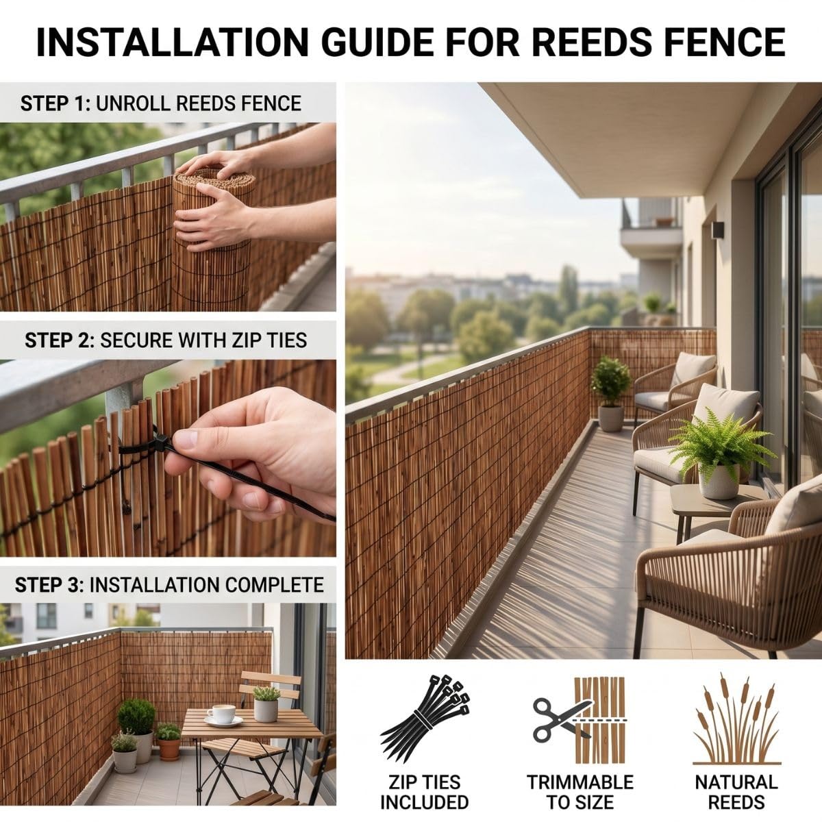 Arellas Bamboo da Recinzione Esterno con Fascette Stuoia in Canna Cannette Naturale 120/130/150/180 cm Canniccio Ombreggiante Privacy per Giardino Terrazzo Balcone Piscina Gazebo(Marrone,H150xL200cm)